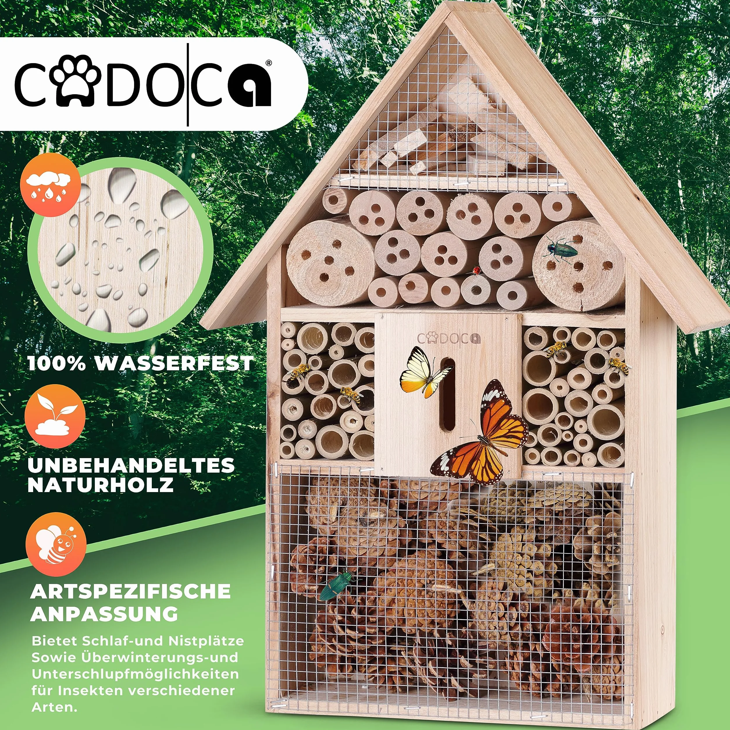Cadoca XXL naturalny drewniany hotel dla owadów 48x31x10 cm domek letniskowy schronisko dla pszczół biedronki motyl lęgowy