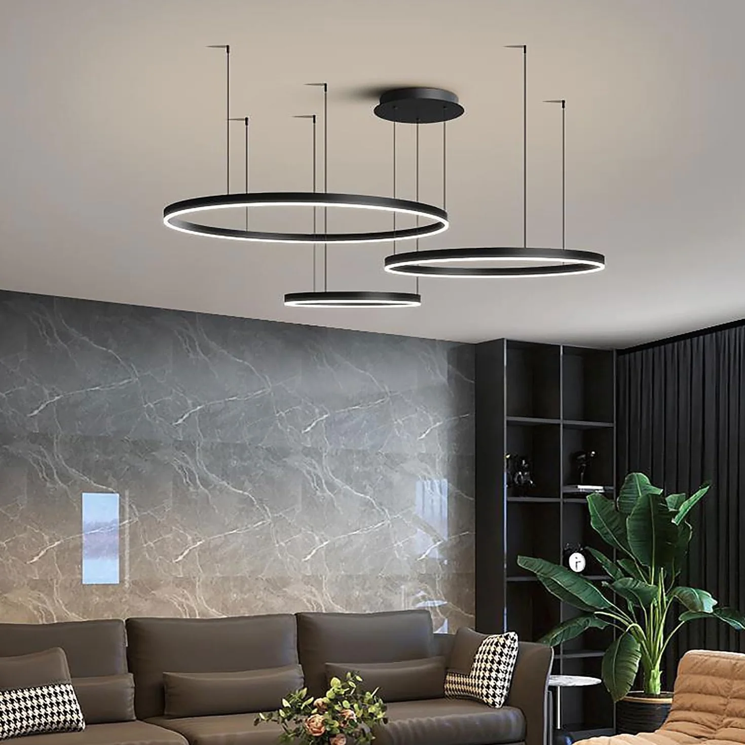 Lampy Wiszace Nowoczesna Restauracja LED Zyrandole Pierścień Ze Zdalnym Sterowaniem Ściemnialne Oświetlenie Sypialni Regulowana Wysokość Dla Salonu Kuchnia Lampy Sufitowe (Color : Black 20+40+60cm)
