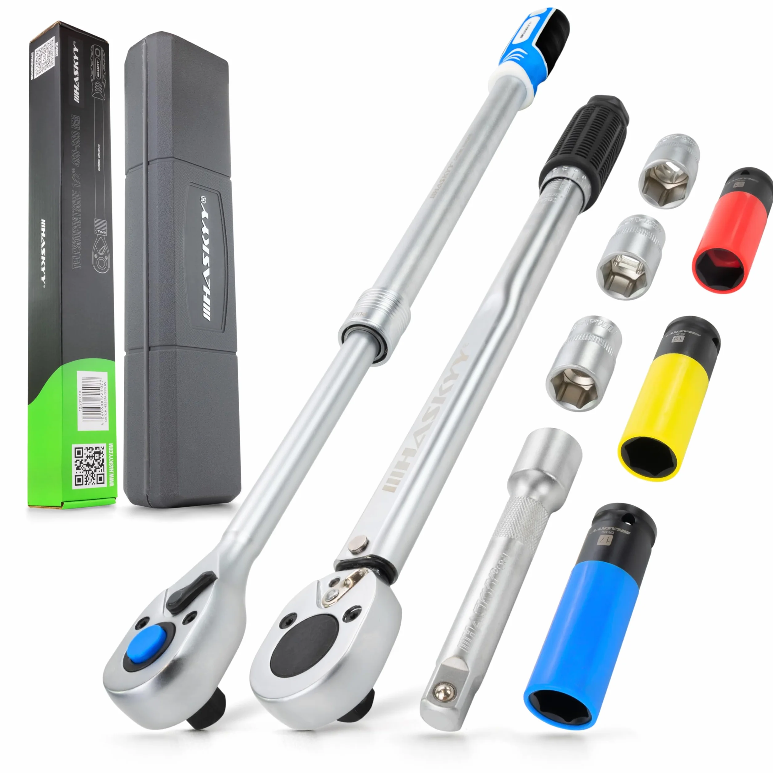 HASKYY Zestaw do wymiany kół 9-częściowy klucz dynamometryczny 1/2" 28-210 Nm i grzechotka przełączana teleskopowa 46-60 cm, zestaw kluczy nasadowych