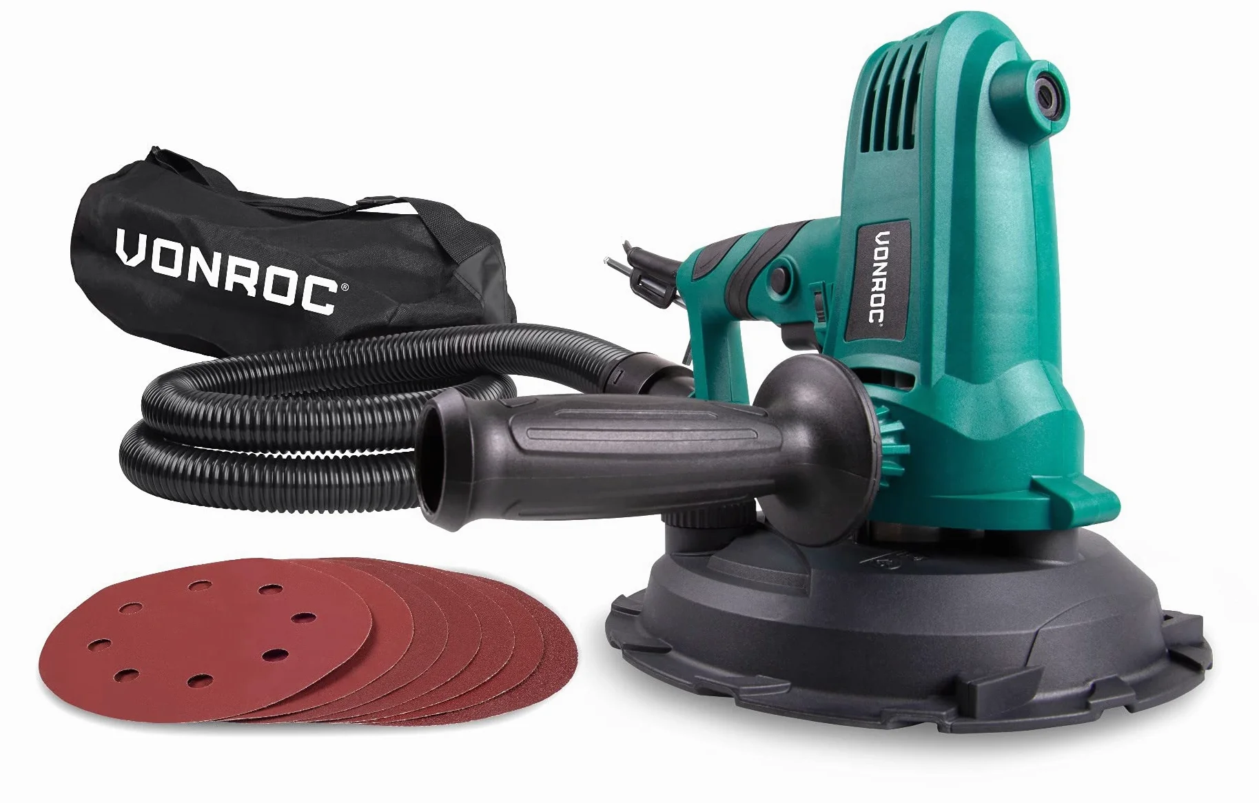 VONROC Szlifierka do płyt kartonowo-gipsowych, szlifierka tarczowa 180 mm, szlifierka sucha, 750 W, szlifierka tarczowa z zasysaniem, szlifierka do sufitu, szlifierka ścienna z 8 papierem ściernym