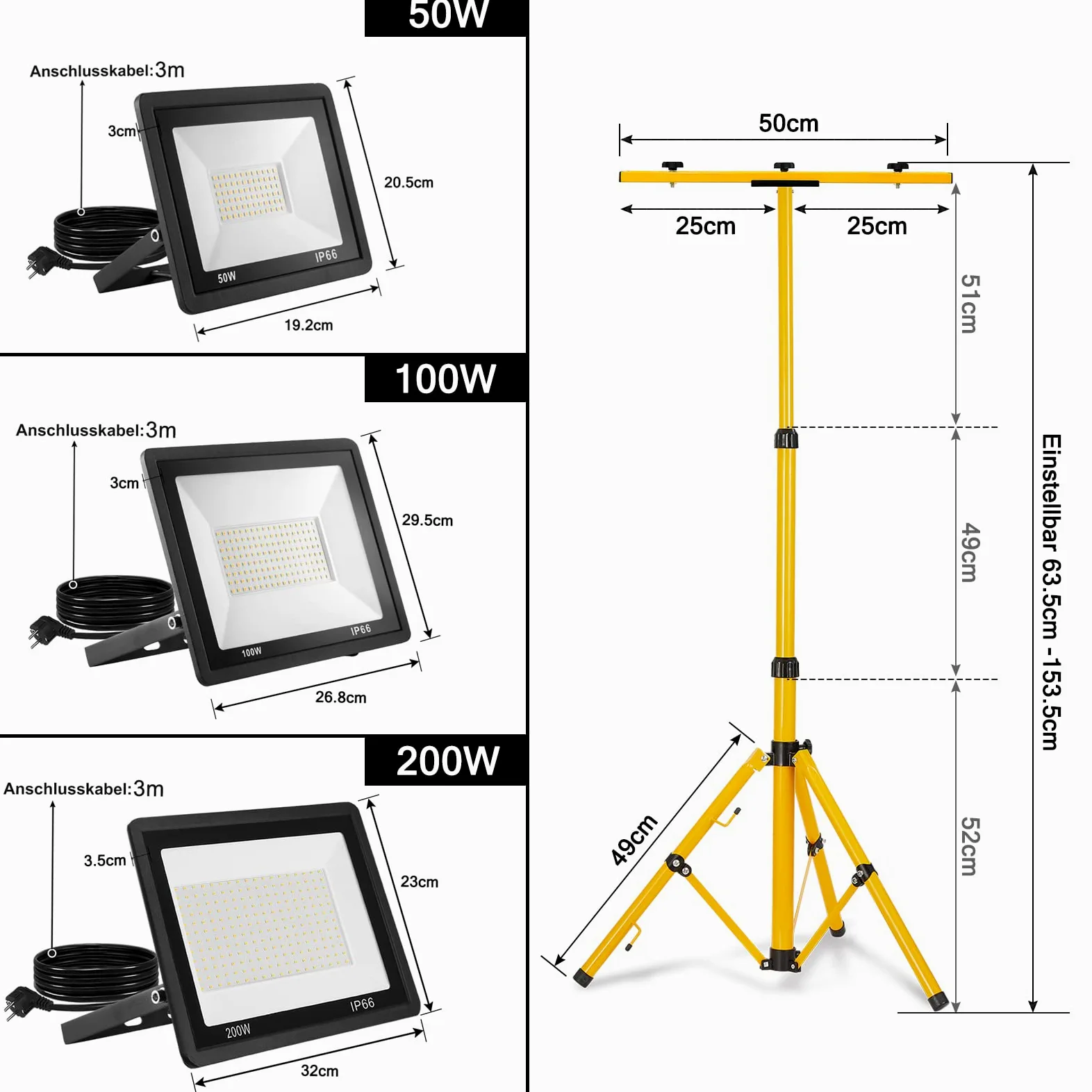 Reflektor budowlany LED, 200 W, ciepła biel, ze statywem o regulowanej wysokości, lampa robocza LED, w zestawie kabel sieciowy, wodoszczelność IP66, reflektor postojowy, reflektor roboczy na