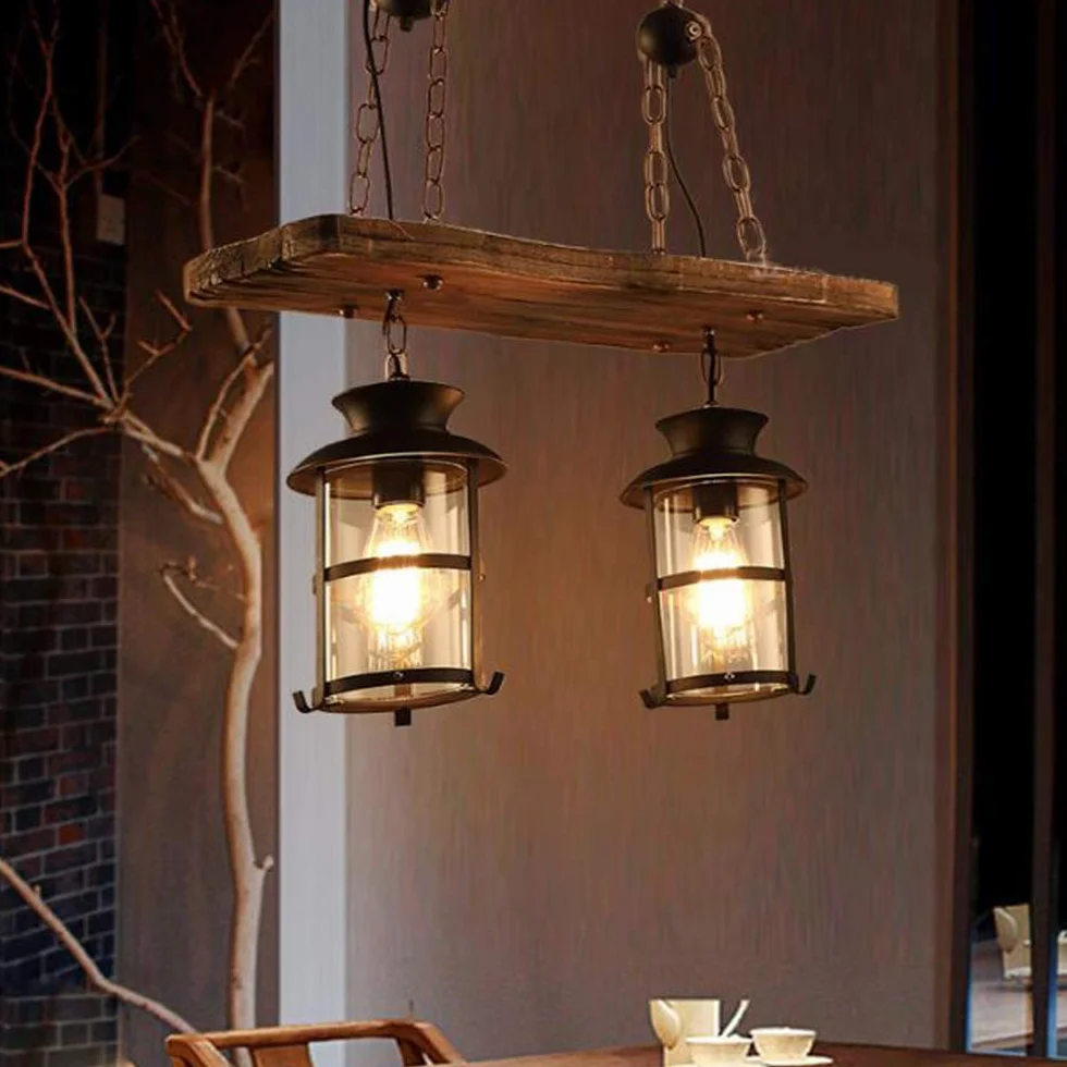 Lampa wisząca w stylu vintage, żyrandol z drewna, metalu, E27, rustykalna, liniowa, lampa sufitowa do salonu, jadalni, restauracji, kawiarni, hotelu, przedpokoju, piwnicy, piwnicy