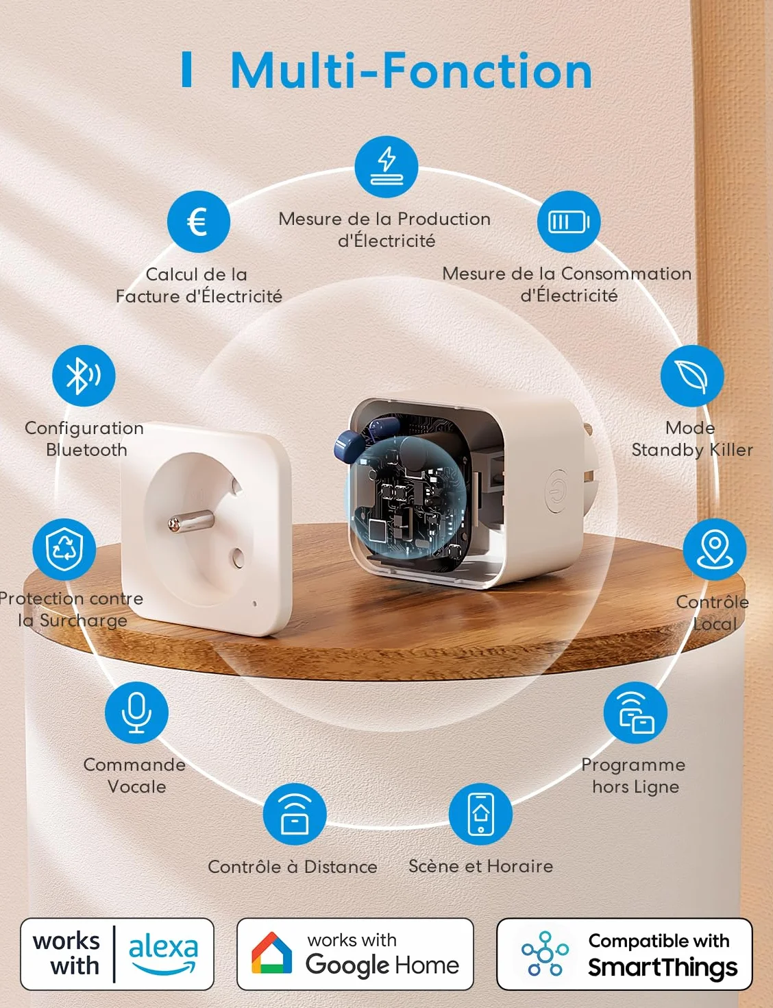 Meross Gniazdo inteligentne (typ E), 16 A gniazdko WiFi kompatybilne z Alexa i Google Home, inteligentne gniazdko elektryczne ze sterowaniem głosowym, zdalnym sterowaniem i konfiguracją Bluetooth