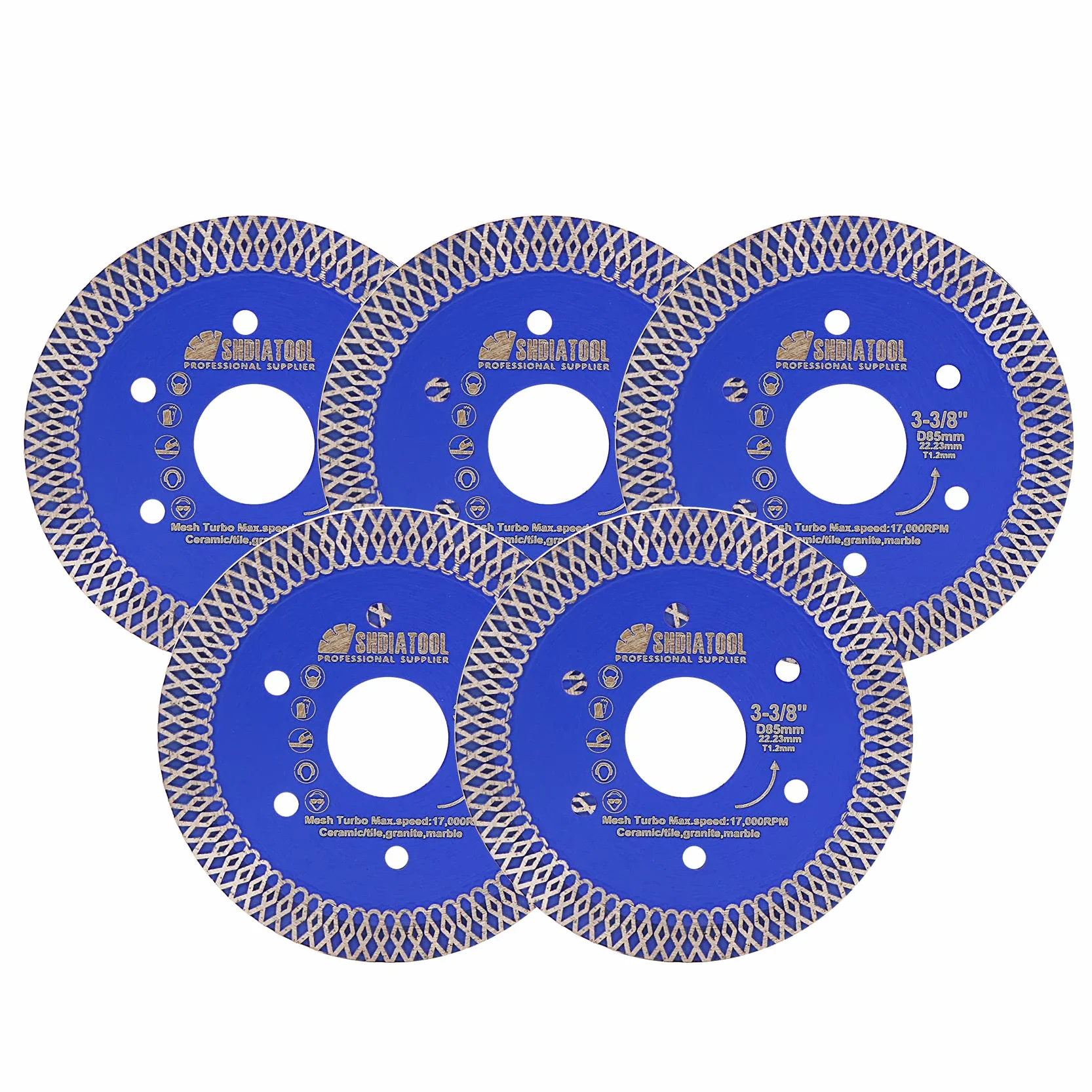 SHDIATOOL Diamentowa tarcza do cięcia 5 szt., 85 mm, 3-3/8 cala, super cienka X Mesh Turbo brzeszczot do płytek, marmuru, ceramiki, porcelany