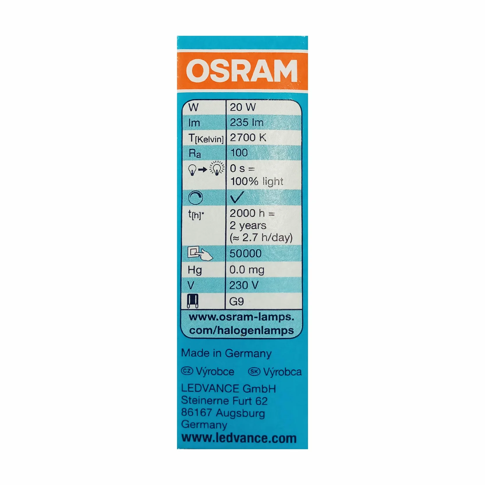 Osram Halopin Pro | lampy halogenowe 230 V 20 W, 66720 Base G9, ciepła biel/2700K - 235 lm