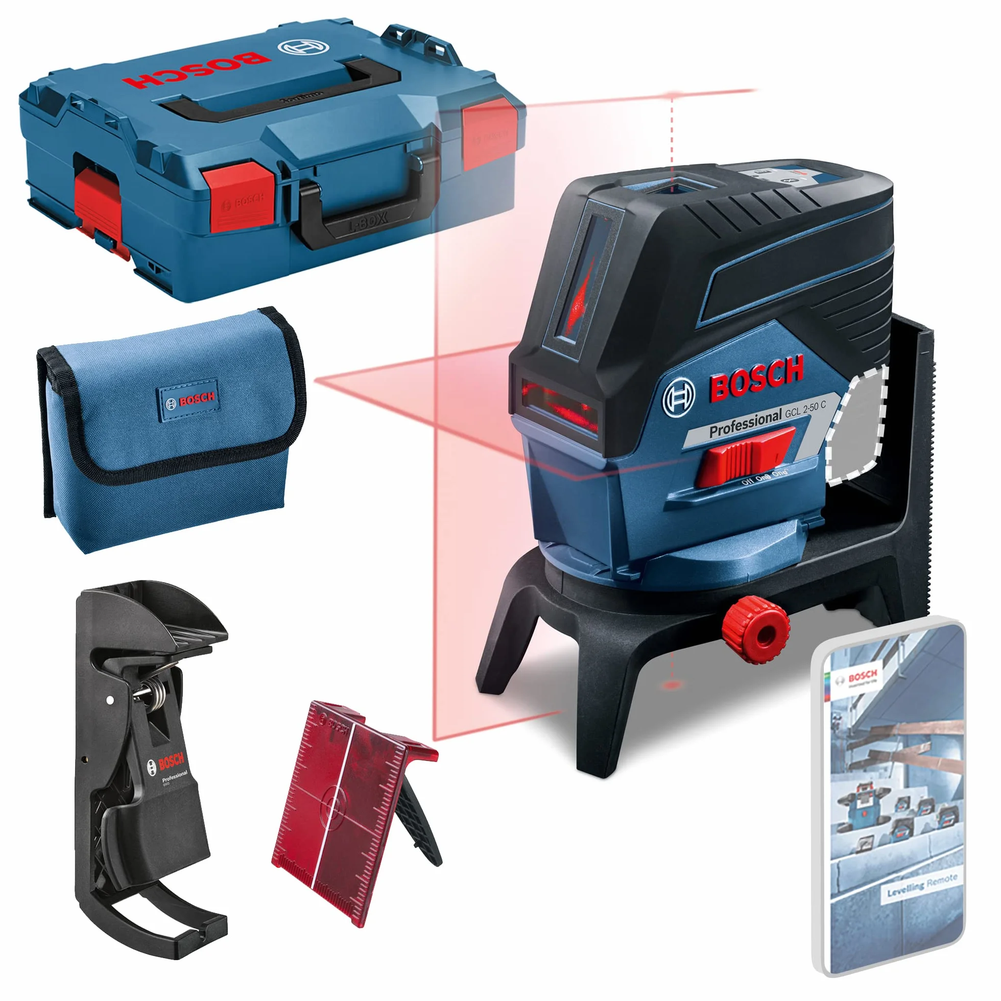 Bosch Professional system 12V: laser wielofunkcyjny GCL 2-50 C (czerwona wiązka, do pracy w pomieszczeniach, funkcja aplikacji, uchwyt, widzialny zasięg: do 20 m, L-BOXX)