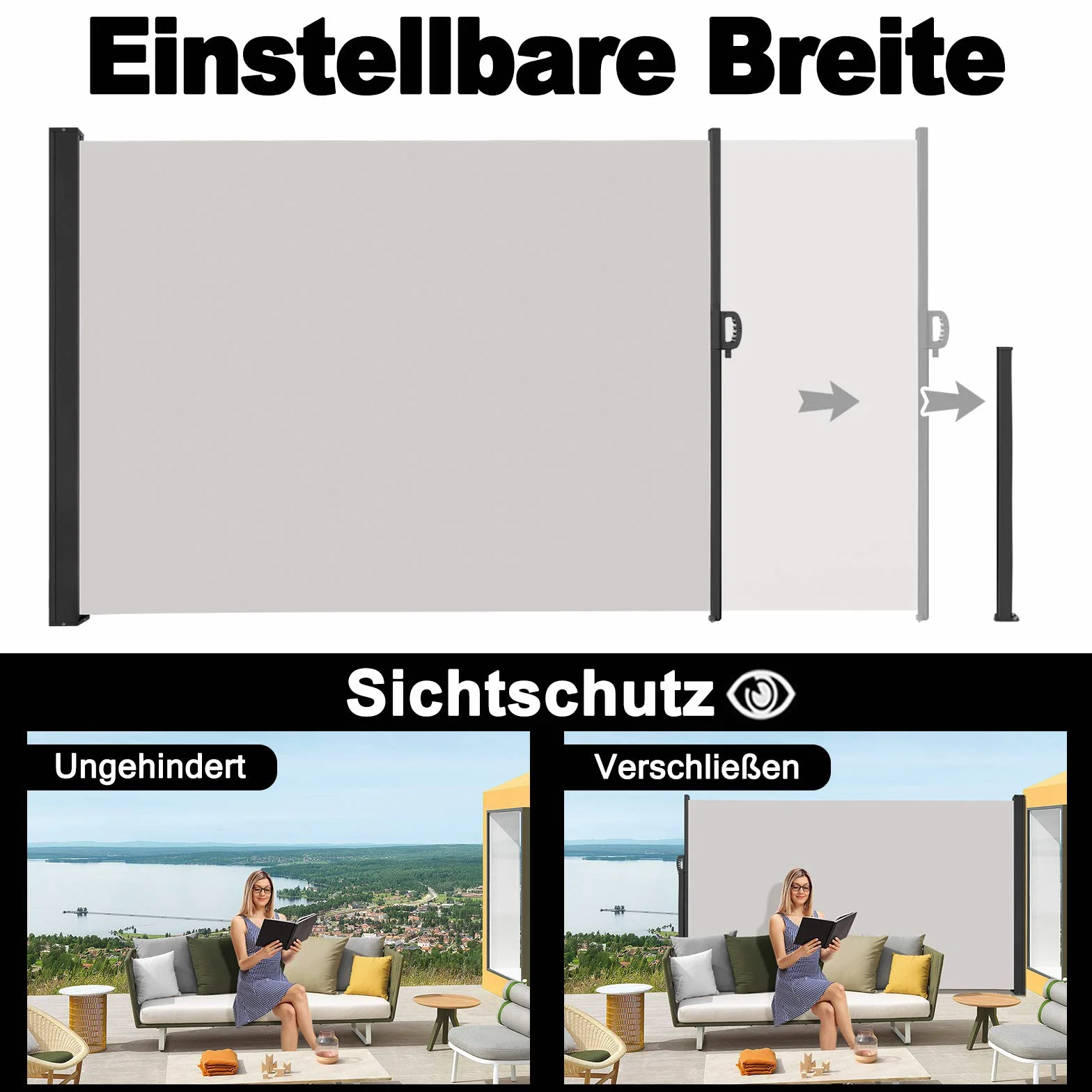 Markiza boczna 200 x 300 cm szara wysuwana ochrona przed wzrokiem i wiatrem na taras balkon ogród
