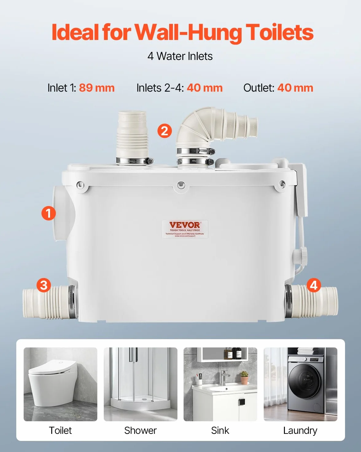 VEVOR Młynek sanitarny 500 W Pompa podnosząca ścieki 6600 l/h Głowica 8 m 3 wloty wody do toalety Piwnica Kuchnia Zlew Prysznic Wanna Pralnia Spłuczka Ścieki