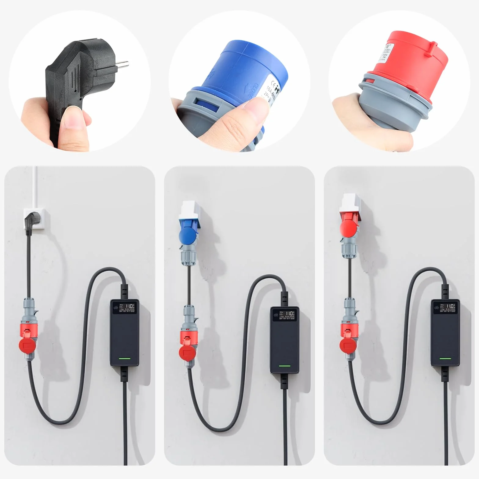 3 x CEE adapter wtyczka Schuko, zestaw adapterów CEE 16A 5-biegunowy do CEE czerwony 32 A/CEE niebieski 16 A/230 V gniazdo gospodarstwa domowego, 3 x 2,5 mm² H07RN-F 16 A adapter sieciowy wtyczka