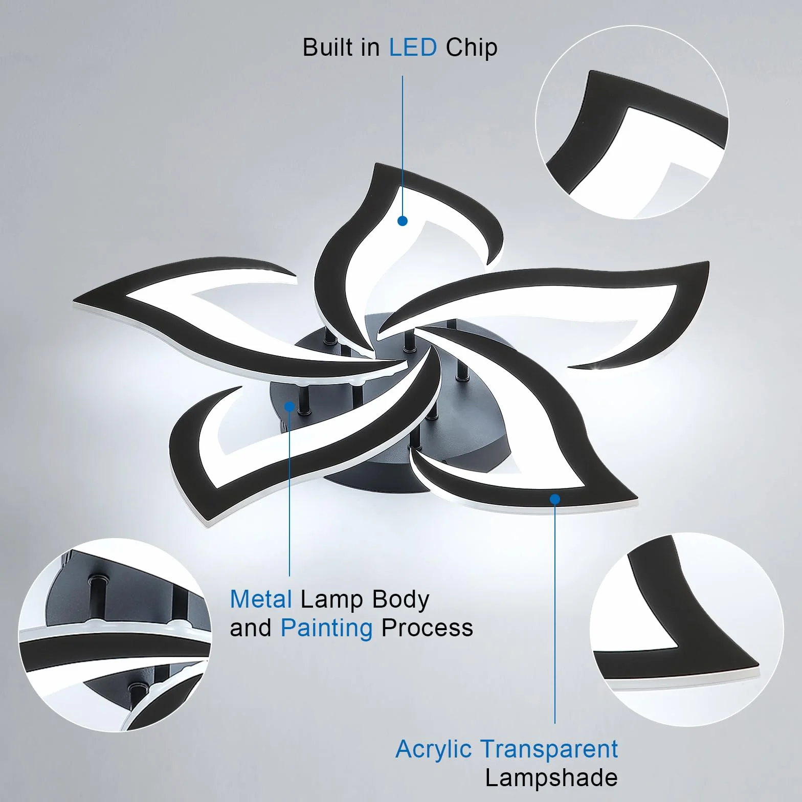 Comely Lampa sufitowa, Plafon LED 60 W 6750 LM, zimna biel 6500K, czarna nowoczesna lampa sufitowa do sypialni, salonu, jadalni (średnica 60 cm)