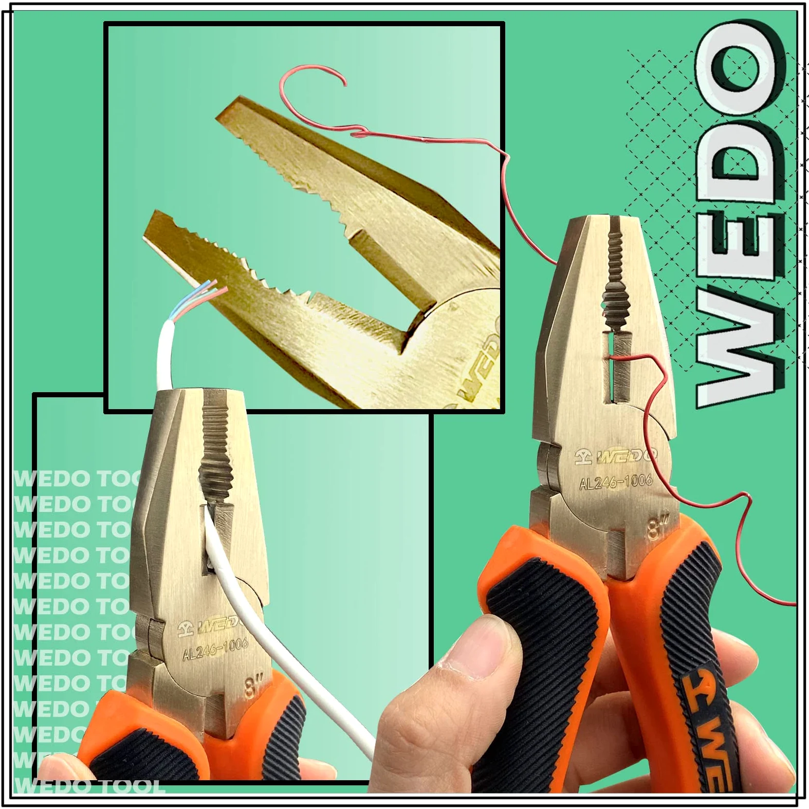 WEDO Nieiskrzące szczypce liniowe 17,8 cm, beziskrzące szczypce do cięcia bocznego, szczypce kombinowane, ściągacze drutu, zaciskarka, standard DIN, certyfikat BAM i FM, brąz aluminiowy