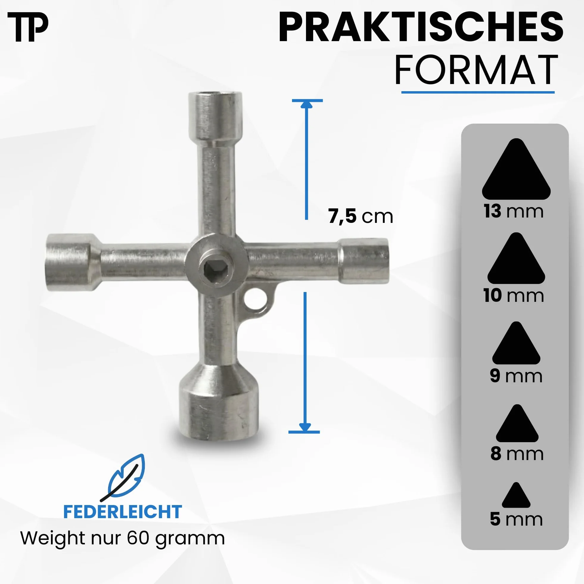 Klucz trójkątny, 4-drożny klucz wielofunkcyjny – klucz do szafy sterowniczej – trójkątny klucz uniwersalny / pojemnik na śmieci z metalu z ocynkowaną powierzchnią – (13 mm / 10 mm / 9 mm / 8,5 mm / 5