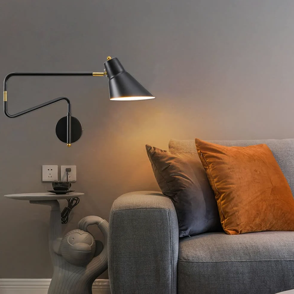 Lampa ścienna przemysłowy z włącznikiem i wtyczką, Kinkiet Regulowany Metalowy Długi Ramię, Lampy ścienne do czytania z kablem Regulowana lampka nocna sypialnia lampa do salonu wewnętrzne E27,Black