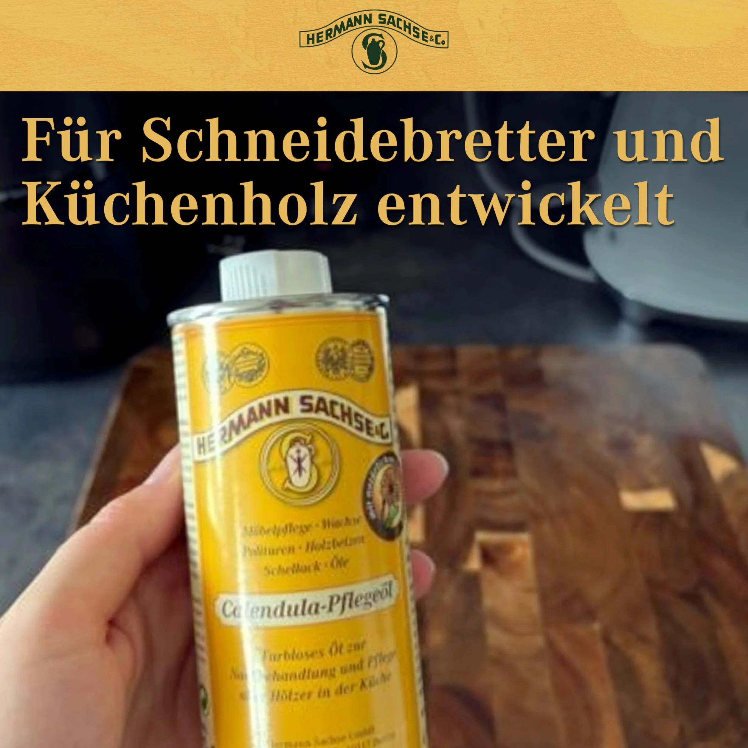 Hermann Sachse Calendula Pflegeöl - 250ml - Veganes farbloses Holzöl für Holzflächen - Holzpflegeöl für Küchenutensilien, Küchenmöbel - Made in Germany