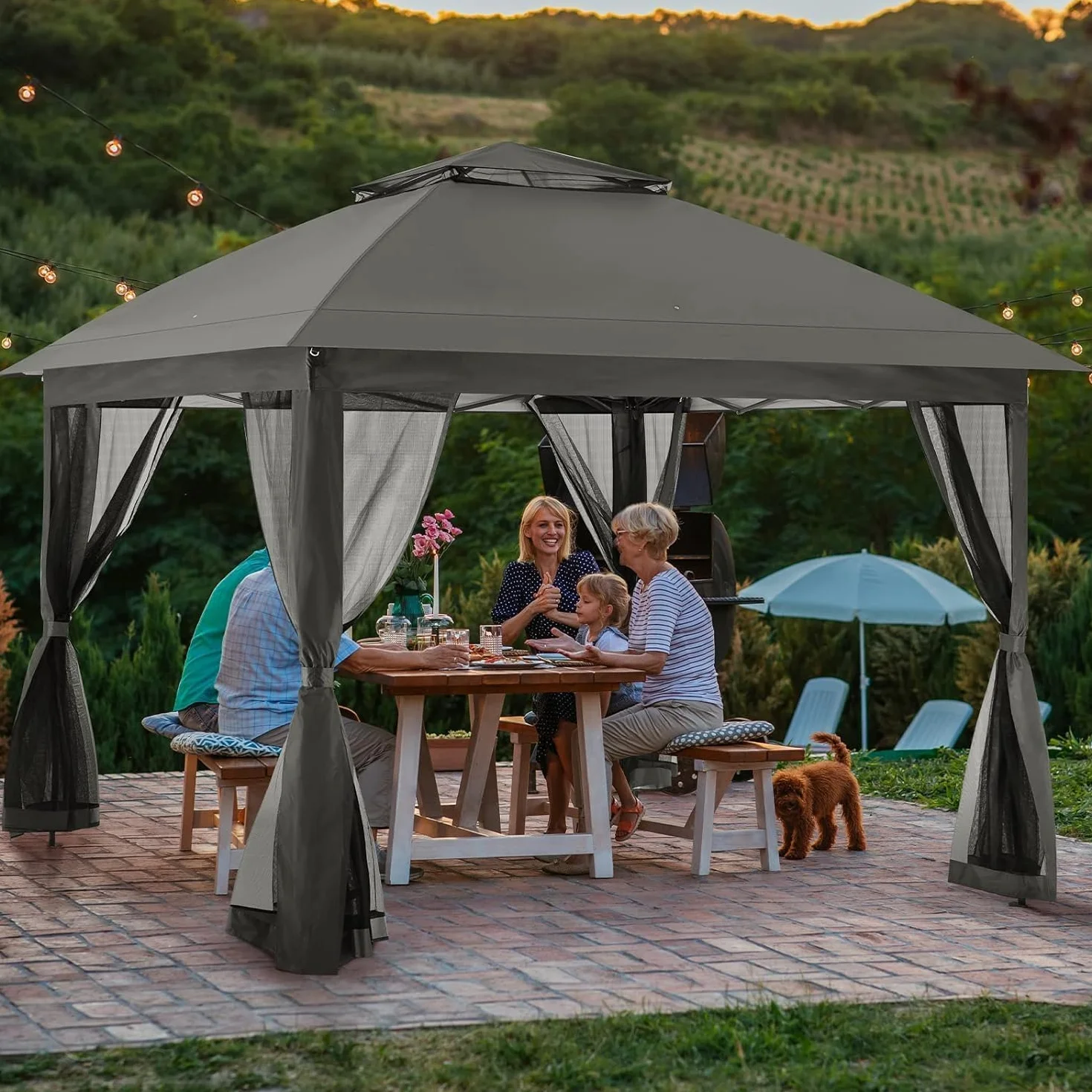 UDPATIO Pawilon składany 3,3 x 3,3 m, namiot Instant Patio Gazebo, wodoszczelny, stabilny, z podwójnym dachem, moskitierą i 4 workami na piasek, metalowe podpory, pawilon ogrodowy na taras, do ogrodu,