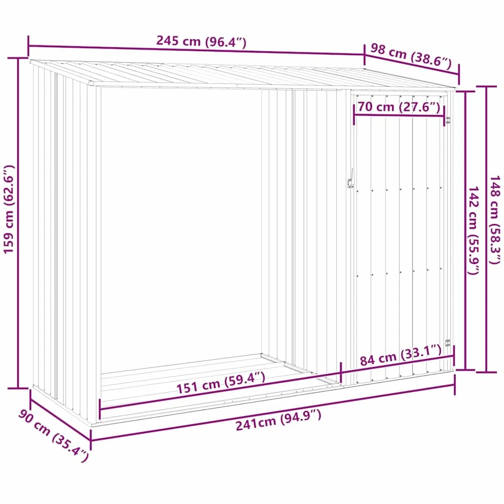 Szopa na drewno z wiatą antracyt 245x98x159 cm stal vidaXL