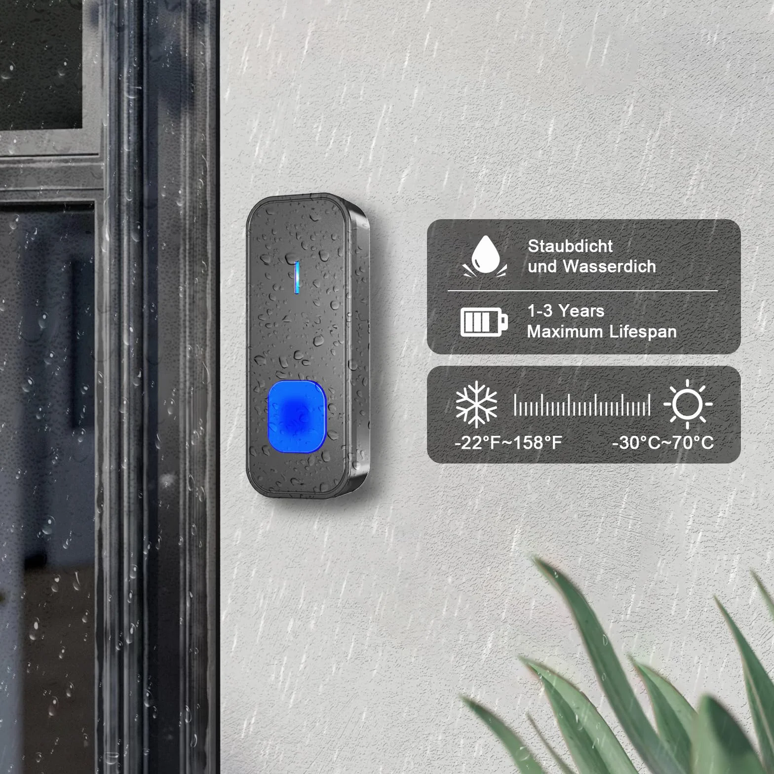 SURFOU Bezprzewodowy dzwonek do drzwi zewnętrznych, wodoszczelny, zasięg 400 m, 3 odbiorniki plug-in, 2 nadajniki, 55 dźwięków dzwonków, 5 głośności, czarny