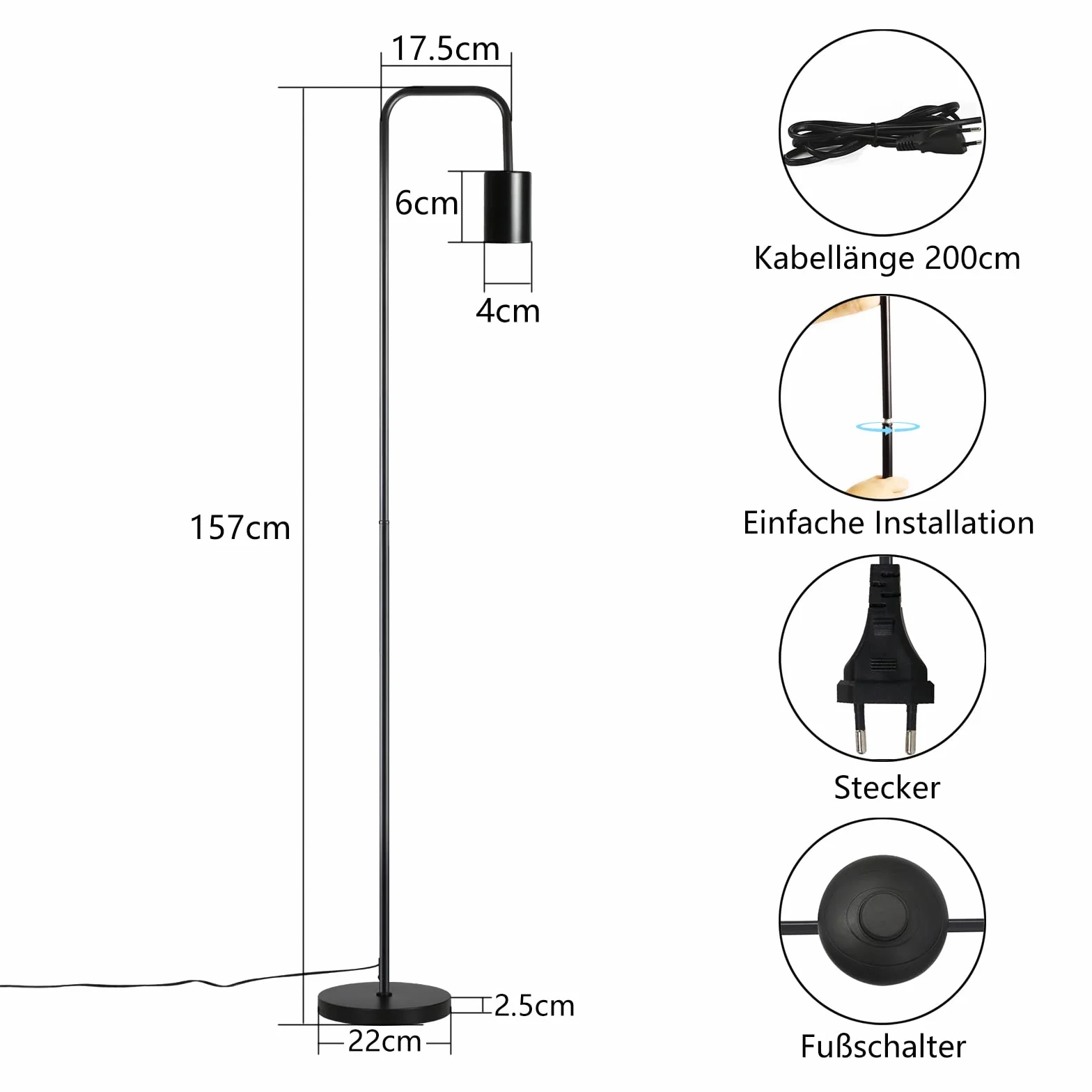 CBJKTX Lampa podłogowa Vintage do salonu - Czarna lampa podłogowa z | włącznikiem nożnym, metalowy design przemysłowy, lampa do salonu, sypialni, biura.