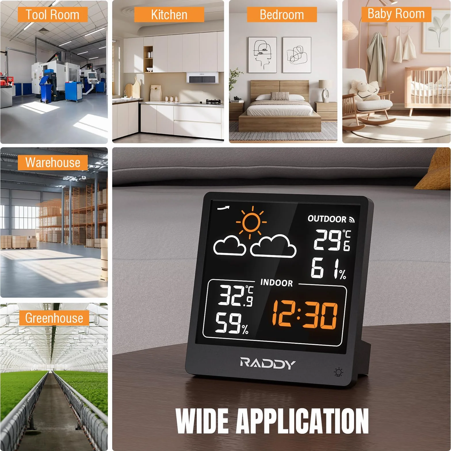 Raddy WF-50V bezprzewodowa stacja pogodowa z czujnikiem zdalnym, termometr wewnętrzny/zewnętrzny, VA 5,0" wyświetlacz USB-C, czarny