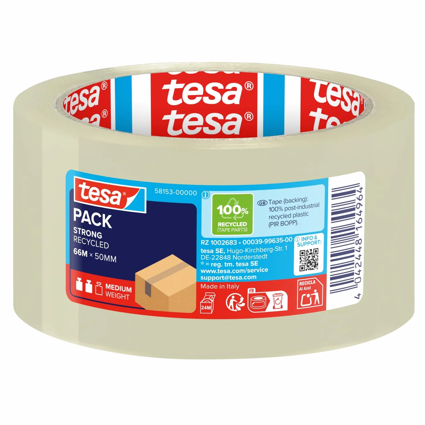 tesapack STRONG RECYCLED - taśma pakowa z 100% tworzywa z recyklingu, do paczek średniej wagi, odporna na UV i starzenie, przezroczysta, 66 m x 50 mm