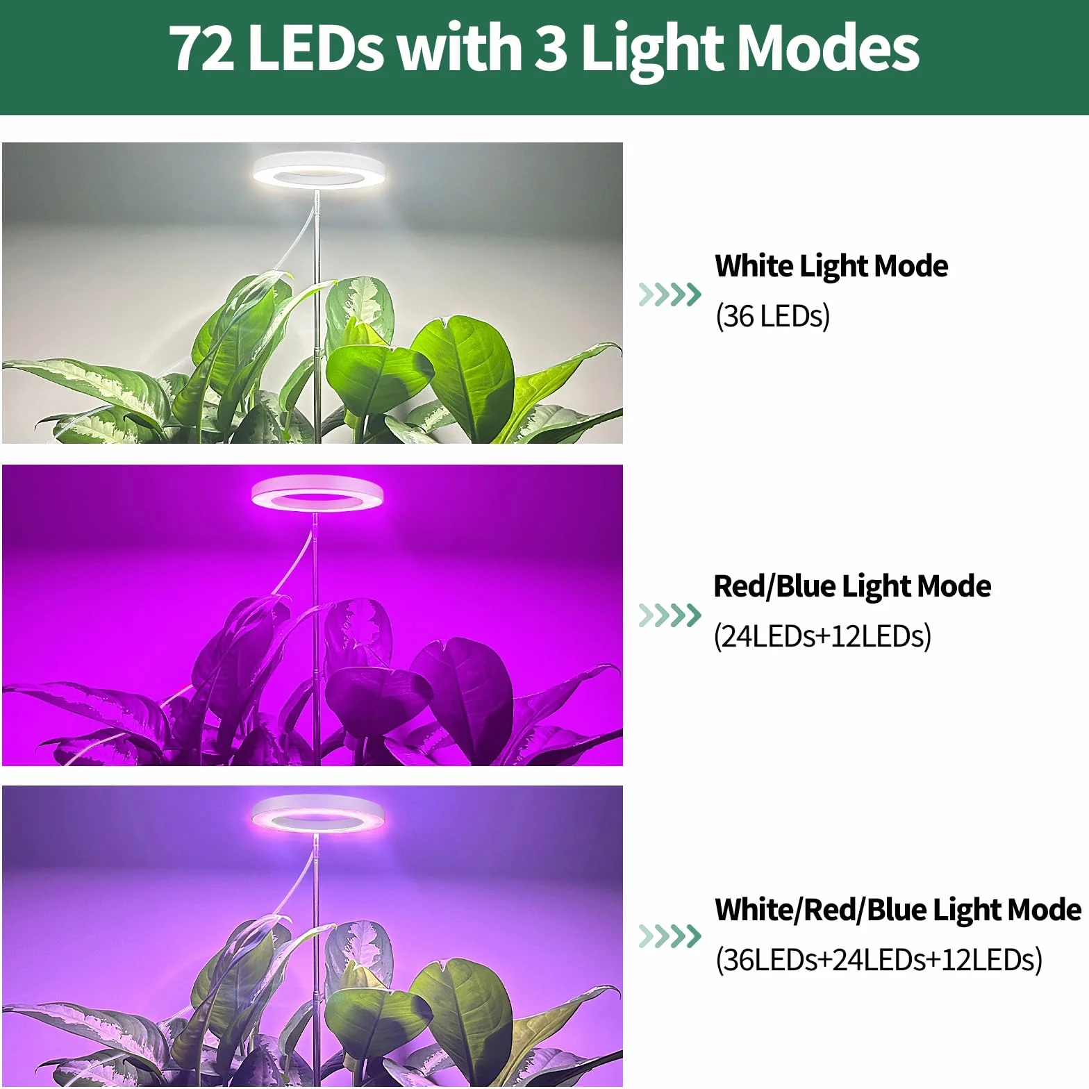 Qoolife Lampa LED do roślin pokojowych, pełne spektrum światła, 155 cm, regulowana wysokość światła z 72 diodami LED, 3 poziomy jasności, programator czasowy 3/9/12 godzin, do roślin w pomieszczeniach