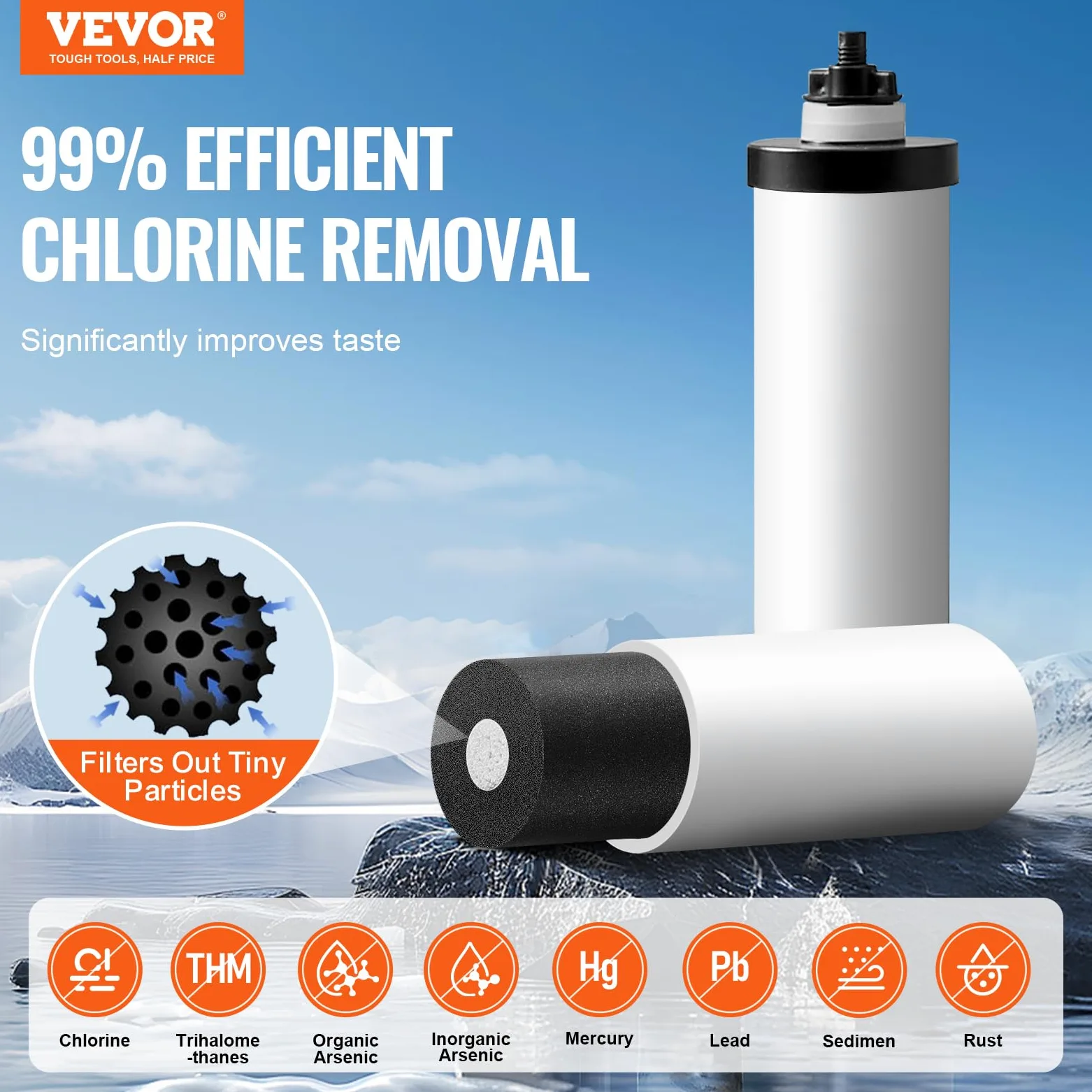 VEVOR System filtracji wody grawitacyjnej, system filtracji wody na blacie ze stali nierdzewnej 2,25G 304, redukuje ołów i do 99% chloru, z 2 ceramicznymi filtrami węglowymi, czopem i stojakiem