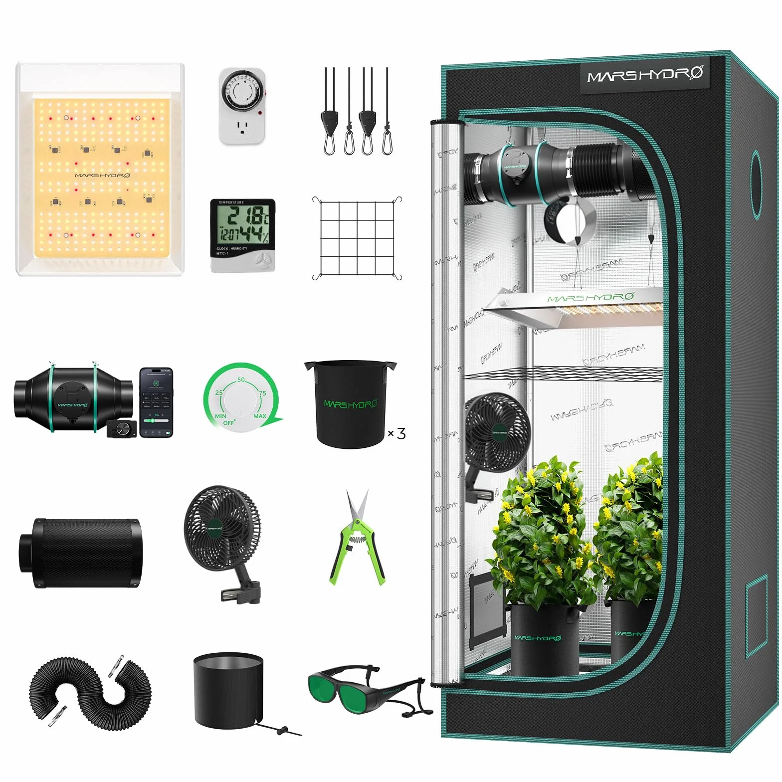Mars Hydro Kompletny zestaw do uprawy namiotu, TS600 lampa do uprawy Full Spectrum, 60 x 60 x 140 cm, 1680D wysoce odblaskowa skrzynka do uprawy mylaru, kompletny zestaw, z 10 cm 205 CFM, cichy i