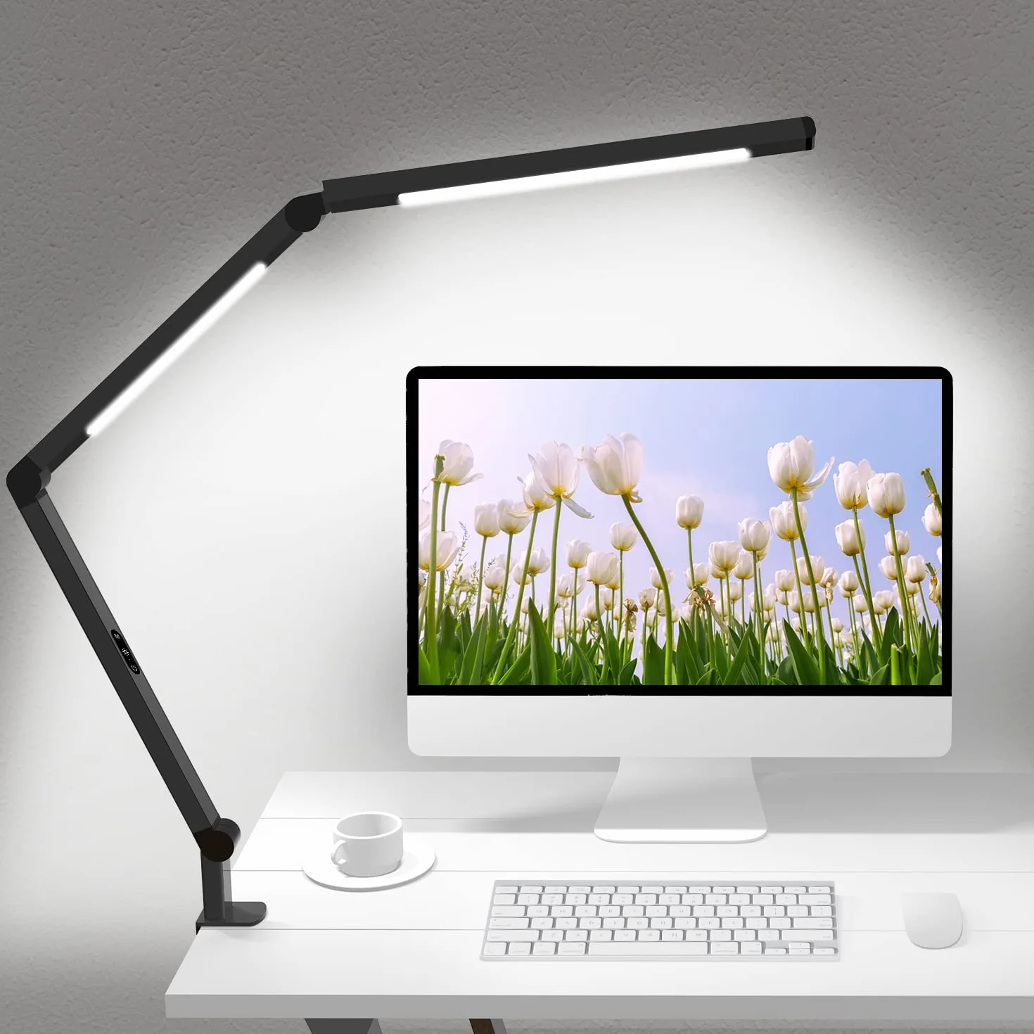 Lampa biurkowa LED z zaciskiem, architektoniczna lampa biurkowa z podwójnym światłem i regulowanym ramieniem obrotowym, klips do pielęgnacji oczu, 4 tryby CCT i 5 poziomów jasności, oświetlenie