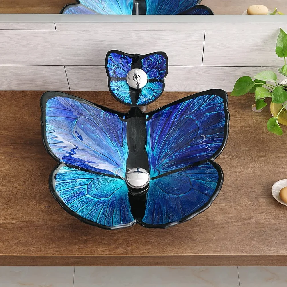 Umywalka wpuszczana do łazienki Zlew łazienkowy zlewozmywak łazienkowy szklany szklany blat zlewozmywak Motyl spersonalizowany Washbasin Umywalki łazienkowe(Sink only)