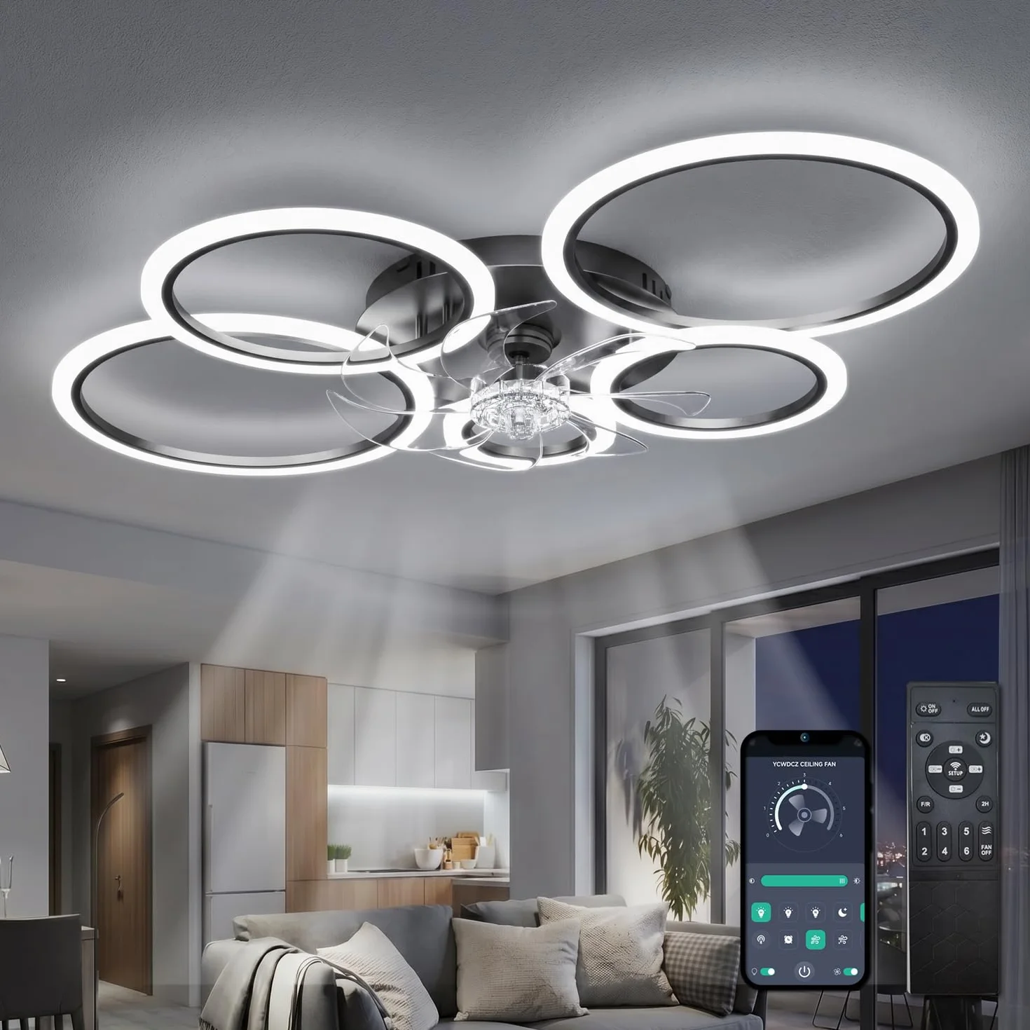 Lampa sufitowa z wentylatorem i pilotem zdalnego sterowania, cicha, ściemniana, 6 stopni, silnik DC, tryb zimowy, nowoczesny wentylator, lampa sufitowa, czarna
