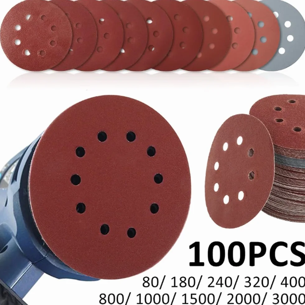 100 szt. 5-calowe tarcze szlifierskie - papier ścierny z rzepem i pętelką z 8 otworami do bezpyłowego polerowania - ziarnistość od 40 do 2000(600grit)