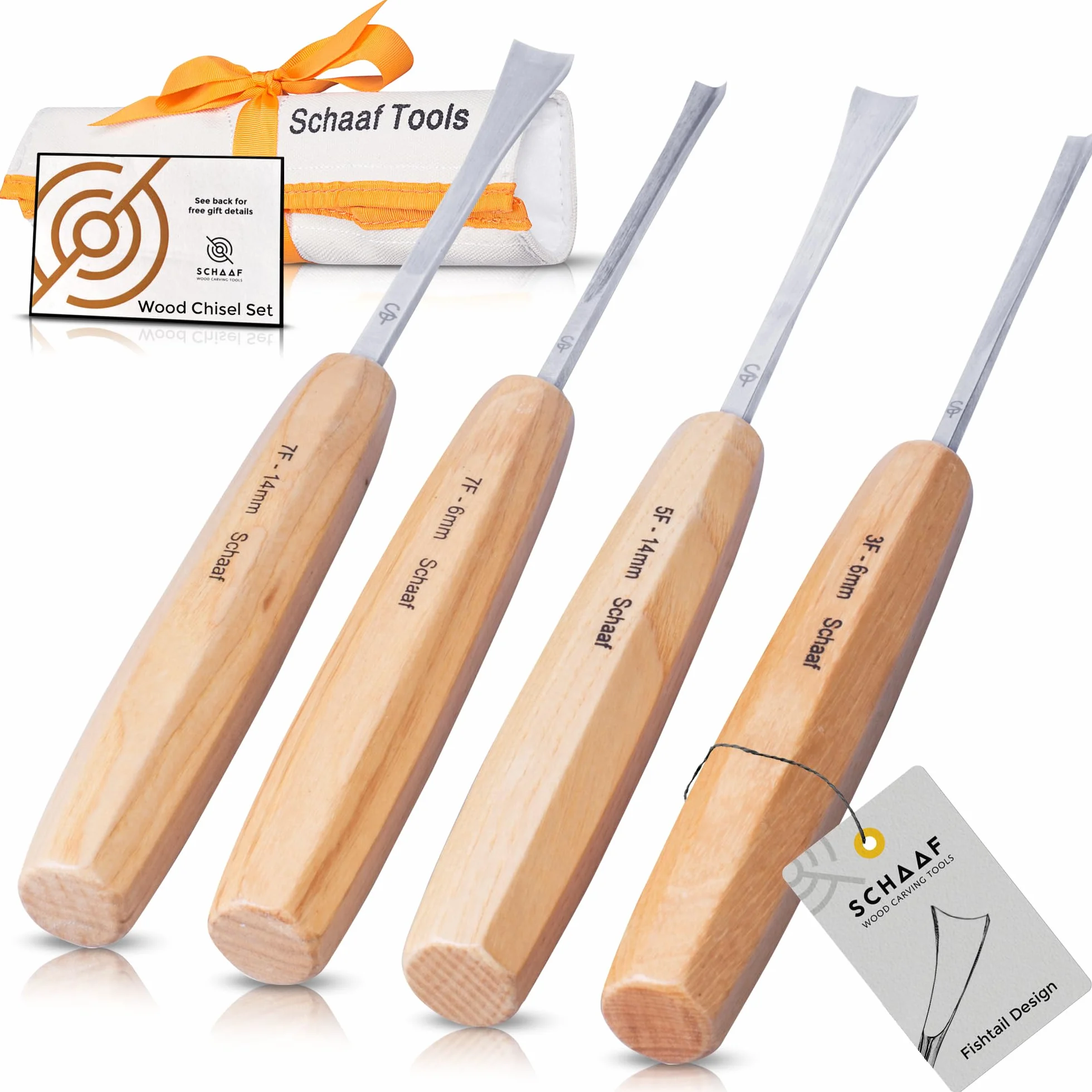 Schaaf Wood Carving Tools Zestaw Fishtail, 4 szt. żłobień i dłut, zestaw do precyzyjnych prac szczegółowych, zestaw narzędzi do rzeźbienia ręcznego dla początkujących, hobbystów i profesjonalistów,