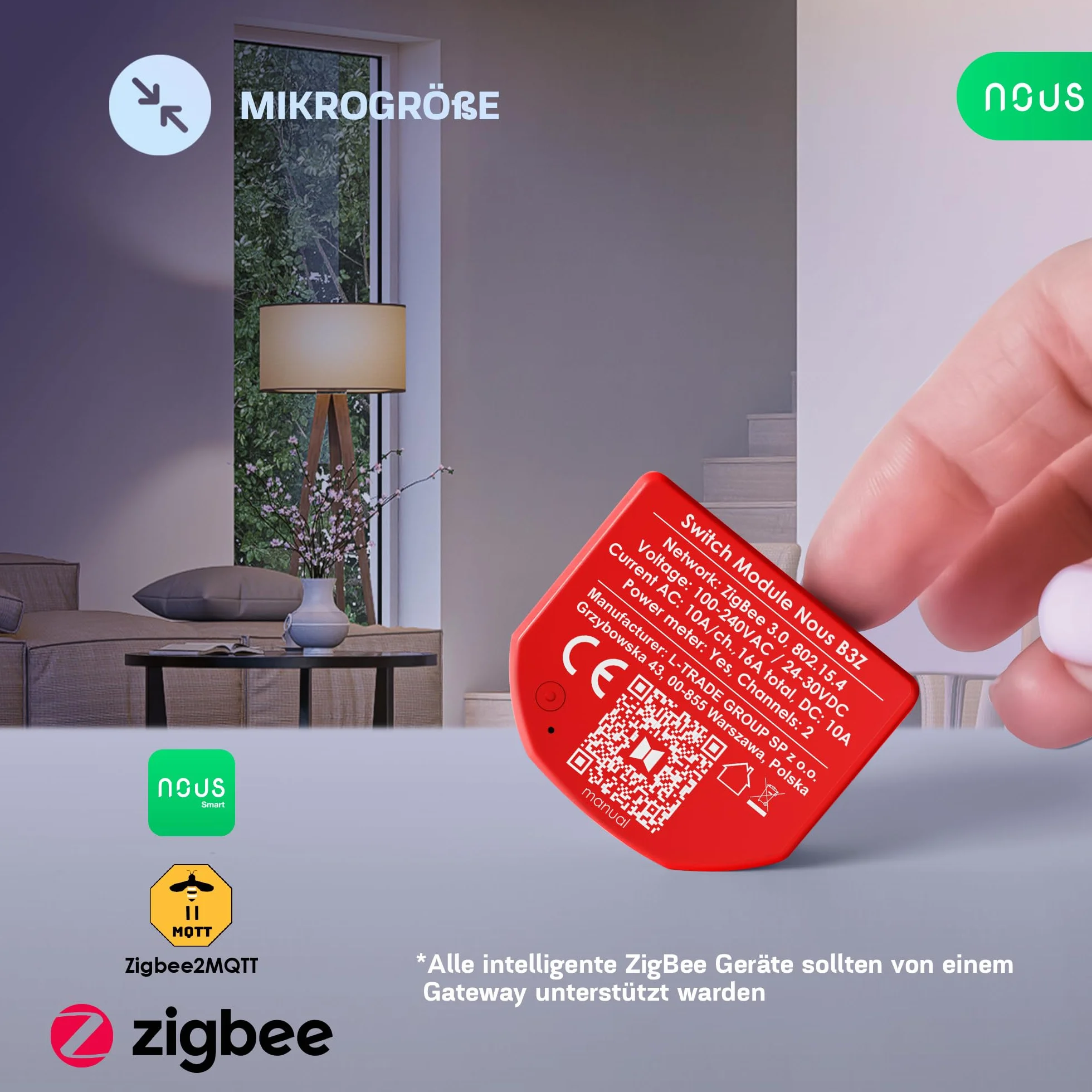 NOUS ZigBee Smart Switch moduły z pomiarem mocy, 2 kanały, AC 16 A/DC 10 A, suche styki, wymagany koncentrator 3.0, kompatybilny z Alexa, Zigbee2MQTT, Google Assistant, Home Assistant, Tuya