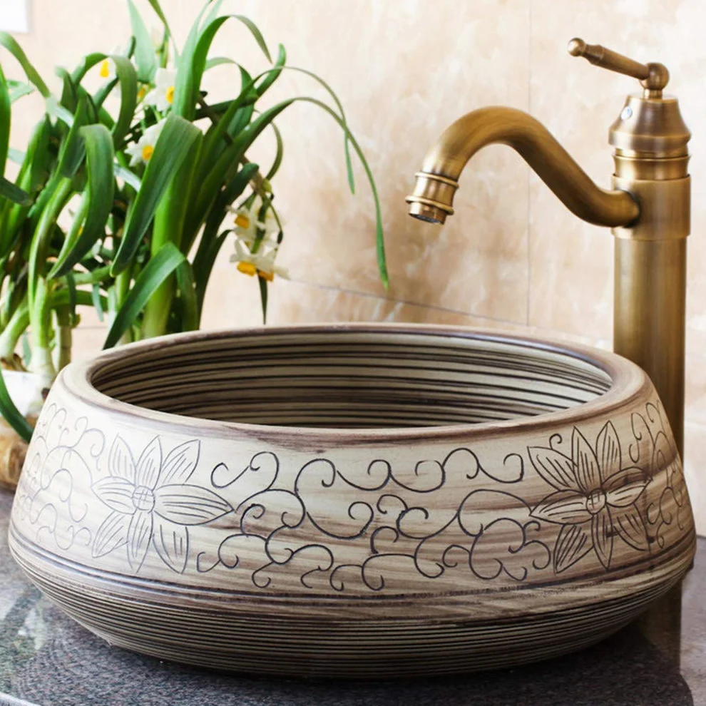 Ceramiczna Umywalka Nablatowa, Okrągła Umywalka, Ręcznie Rzeźbiony Ceramiczny Róg Obfitości, Umywalki Łazienkowe, Umywalka Dekoracyjna W Stylu Hotelowym, Umywalka Korytar