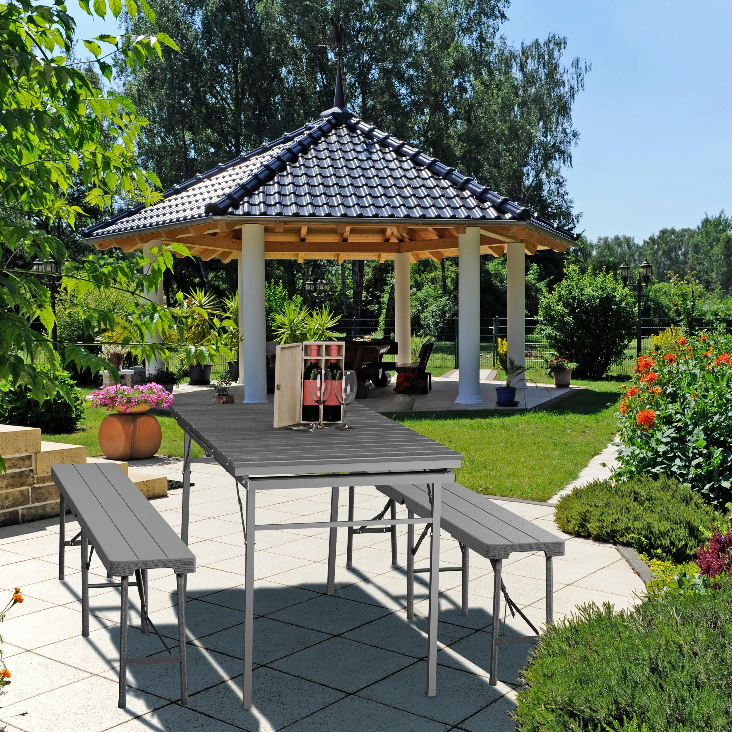 Relaxdays Składany stół ogrodowy 8 osób 166-215 cm brązowy stal tworzywo sztuczne