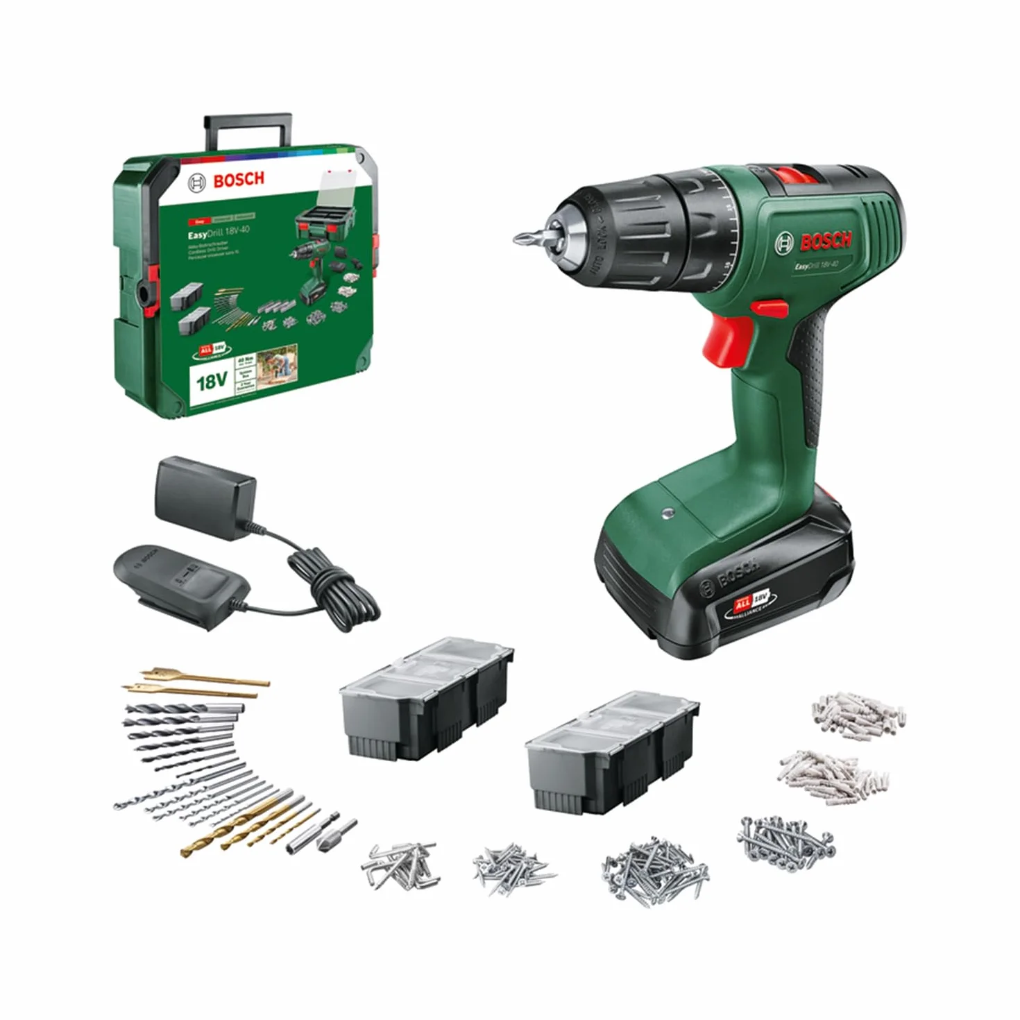 Bosch Home and Garden Wiertarka akumulatorowa EasyDrill 18V-40 (wkręcaniem wkrętów oraz wierceniem w drewnie, metalu i tworzywach sztucznych; 241 bitów; 1 akumulator 1,5 Ah; system 18V; SystemBox)