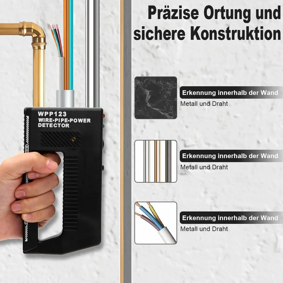 Aohcae Wpp123 Wykrywacz metalu o wysokiej czułości Wpp123 Wire Power Detector, wielofunkcyjny wykrywacz metali, skaner ścienny do metalu, kabla i kabla AC z regulowanym alarmem