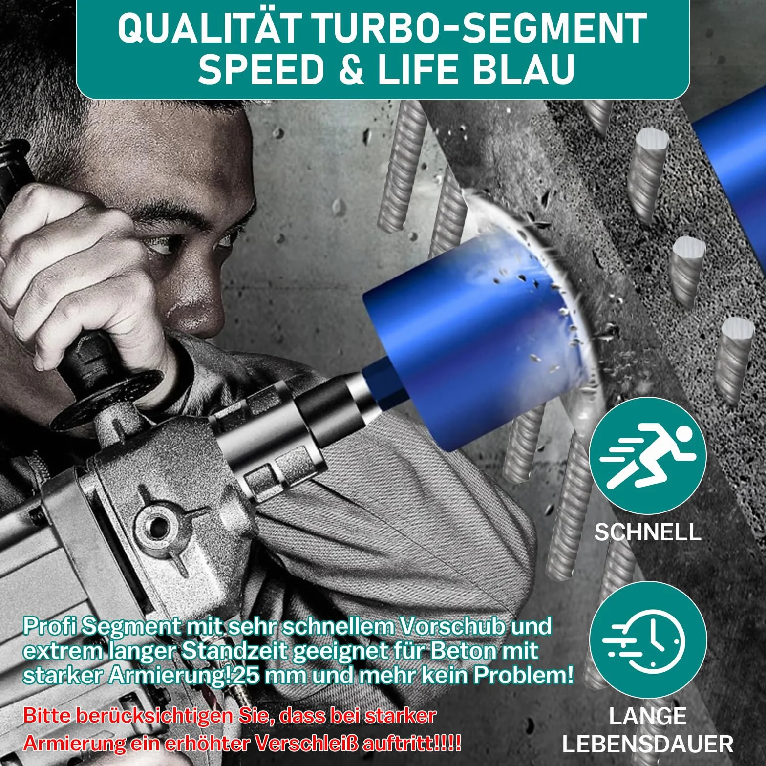 Diamentowa koronka wiertnicza do wiertarki rdzeniowej, Turbo wiertło rdzeniowe z SDS-Plus - 1 1/4" - Ø 62 mm - długość całkowita 460 mm - ze stopu metalu - wiertło do puszek na sucho do betonu