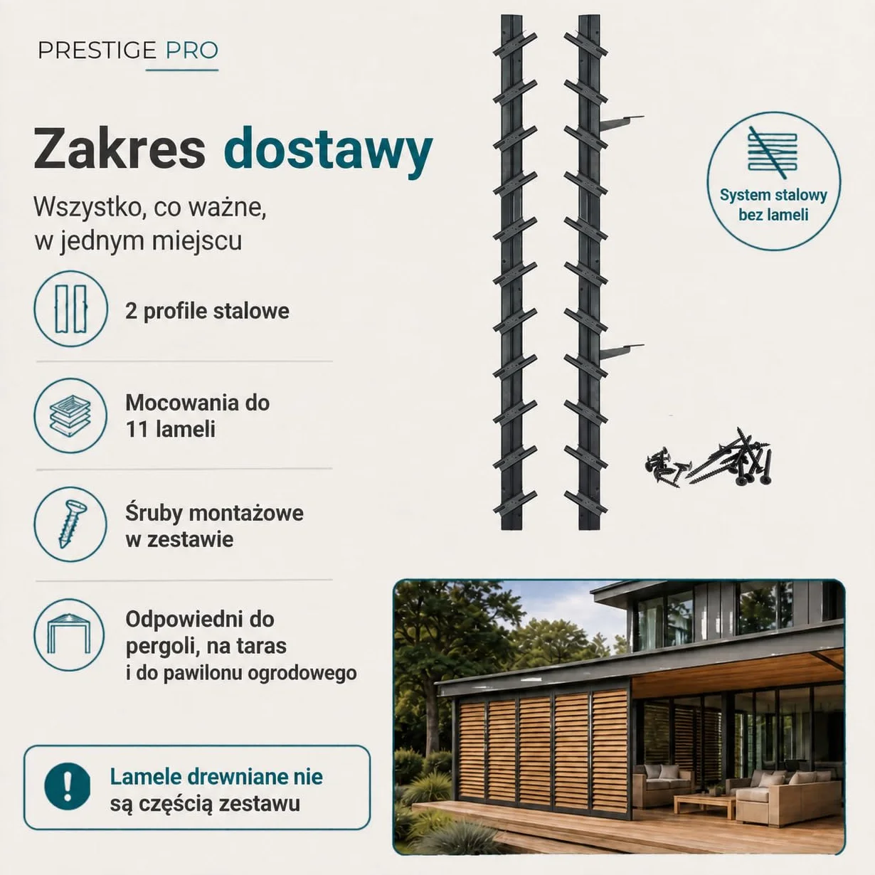 Prestige Ostaszewska system ruchomych deseczek do ogrodu na 11 lameli | 100 cm | Brązowy | Zestaw do żaluzji i rolet | System rolet tarasowych, ruchome panele, stal ocynkowana