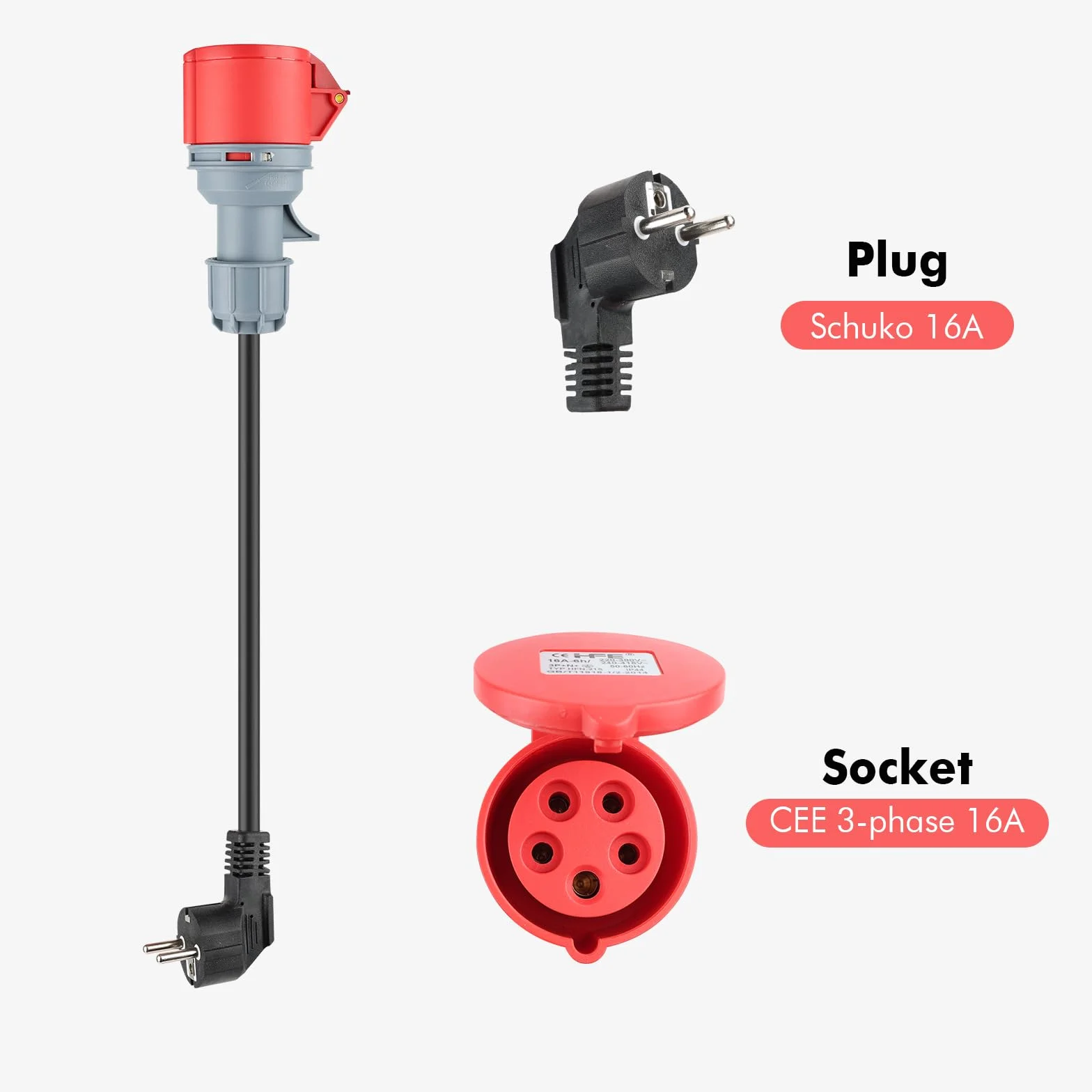 3 x CEE adapter wtyczka Schuko, zestaw adapterów CEE 16A 5-biegunowy do CEE czerwony 32 A/CEE niebieski 16 A/230 V gniazdo gospodarstwa domowego, 3 x 2,5 mm² H07RN-F 16 A adapter sieciowy wtyczka