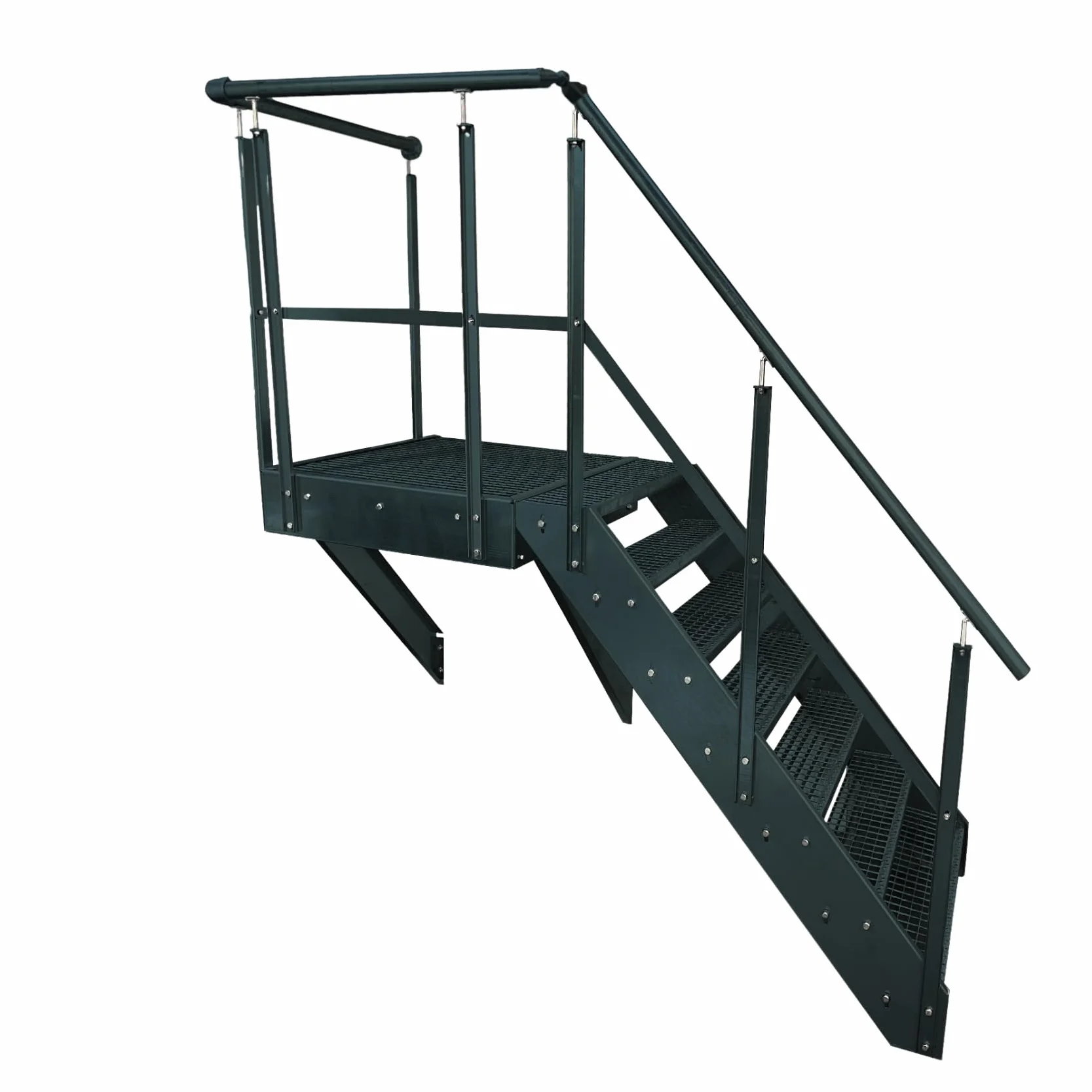 Schody podestowe, stalowe, antracytowe, 7 stopni, wysokość 133 cm, łącznie z podestem 100 x 100 cm, z balustradą, orientacją schodów policzkowych do wyboru w lewo/w prawo lub z przodu (orientacja