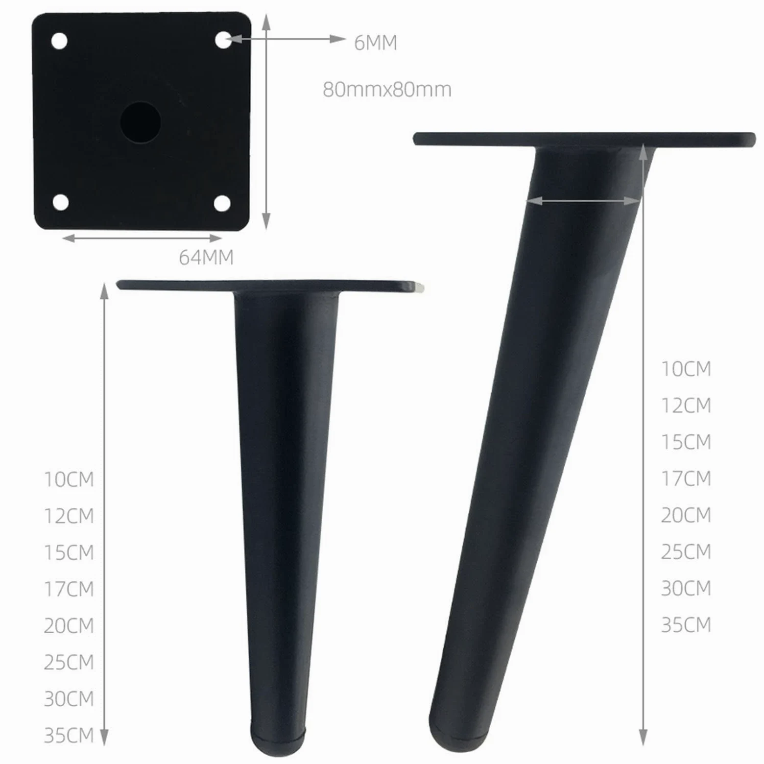 Stopki Blackniture Stopki sofy Stopki szafki, Nogi stolika kawowego Metalowe nóżki stołu Stopki szafki Tv nachylona rura stożkowa//12Cm