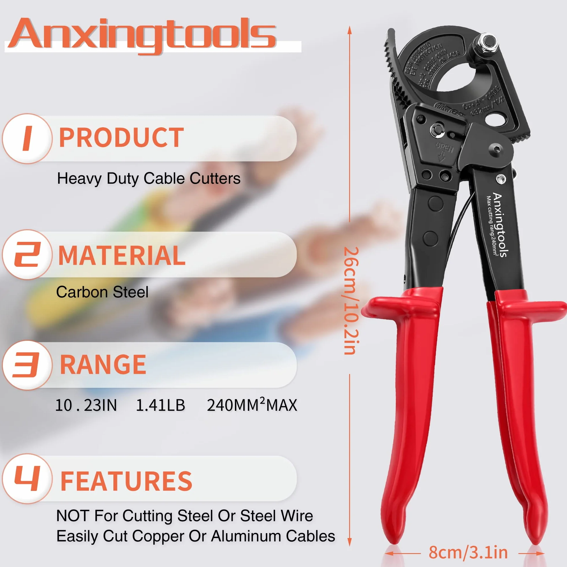 Anxingtools nożyce do drutu z grzechotką, do kabli aluminiowych i miedzianych do 240 mm² (HS325)