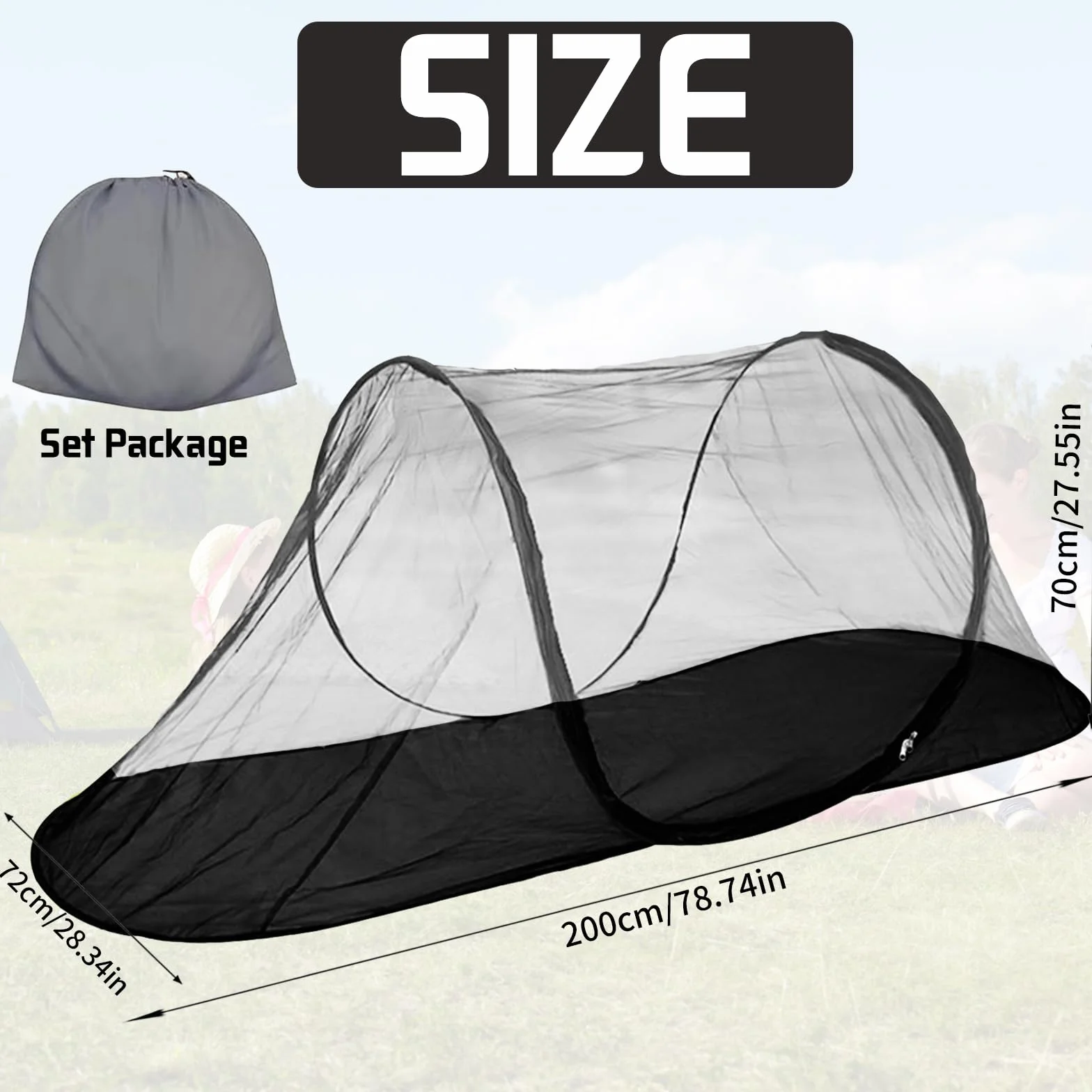 Moskitiera podróżna składana Pop-Up 200 x 72 x 70 cm 210D Oxford włókno szklane