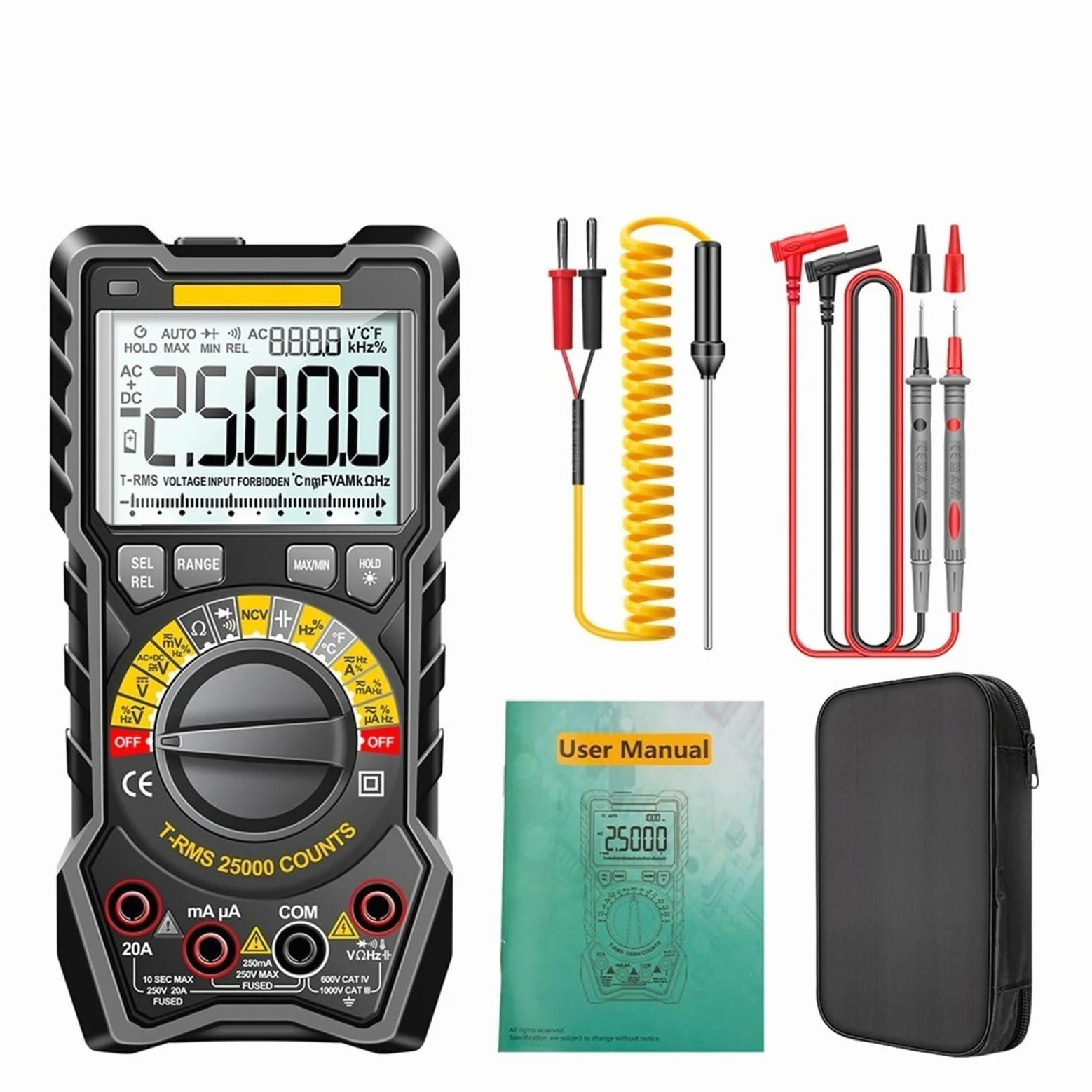 25000 Liczy Multimetr Inteligentny Ręczny Miernik Zasięgu NCV AC DC Ohm Zakres Cyfrowy Multimetro Tester Narzędzia Szybko Dokładnie Łatwy Odczyt(SZ20 Black)
