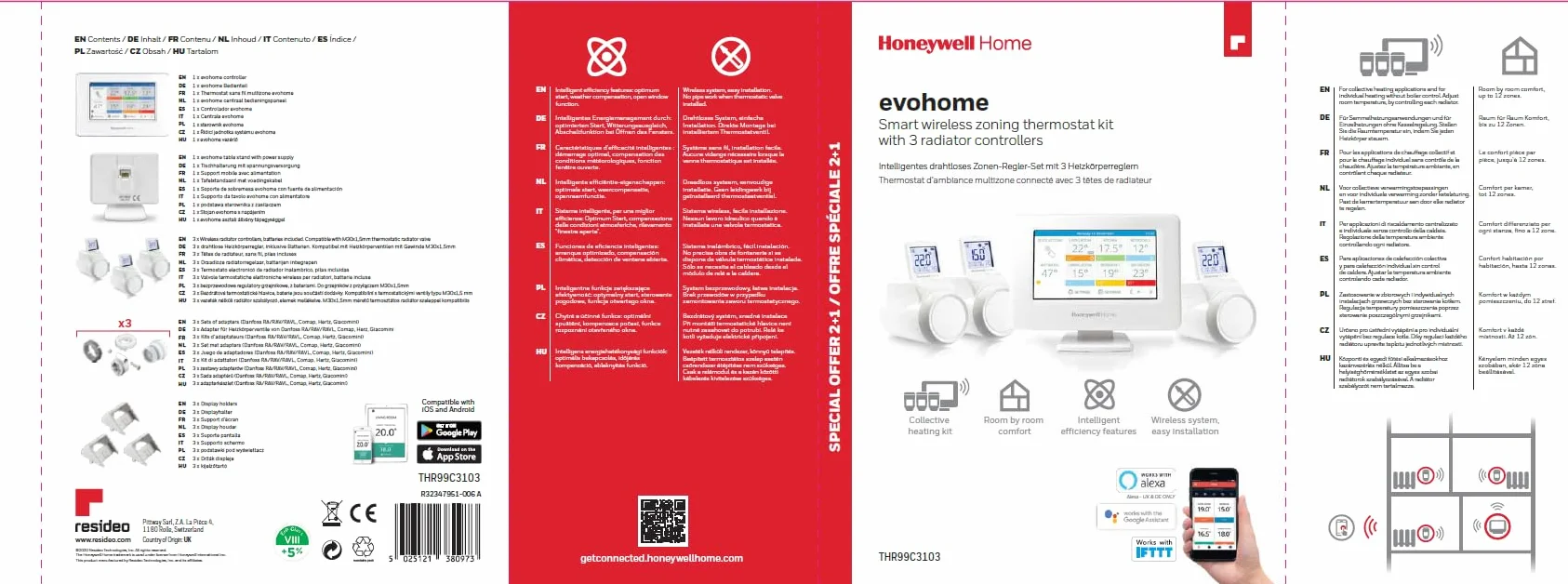 Honeywell Home THR99C3103 Evohome Wi-Fi Smartc termostat z 3 bezprzewodowymi głowicami termostatycznymi