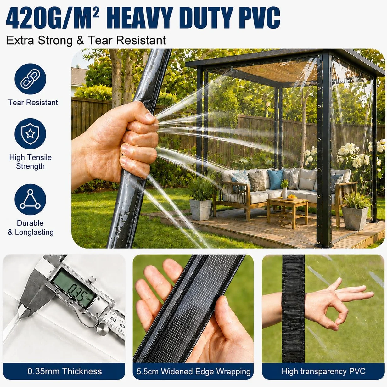 Zewnętrzna przezroczysta pokrywa 3 x 4 m, PVC 420 g/m² przezroczysta plandeka z 20 opaskami na kable, lina 10 m, wodoodporna przezroczysta pokrywa z oczkami, plandeka PCW na taras, do ogrodu