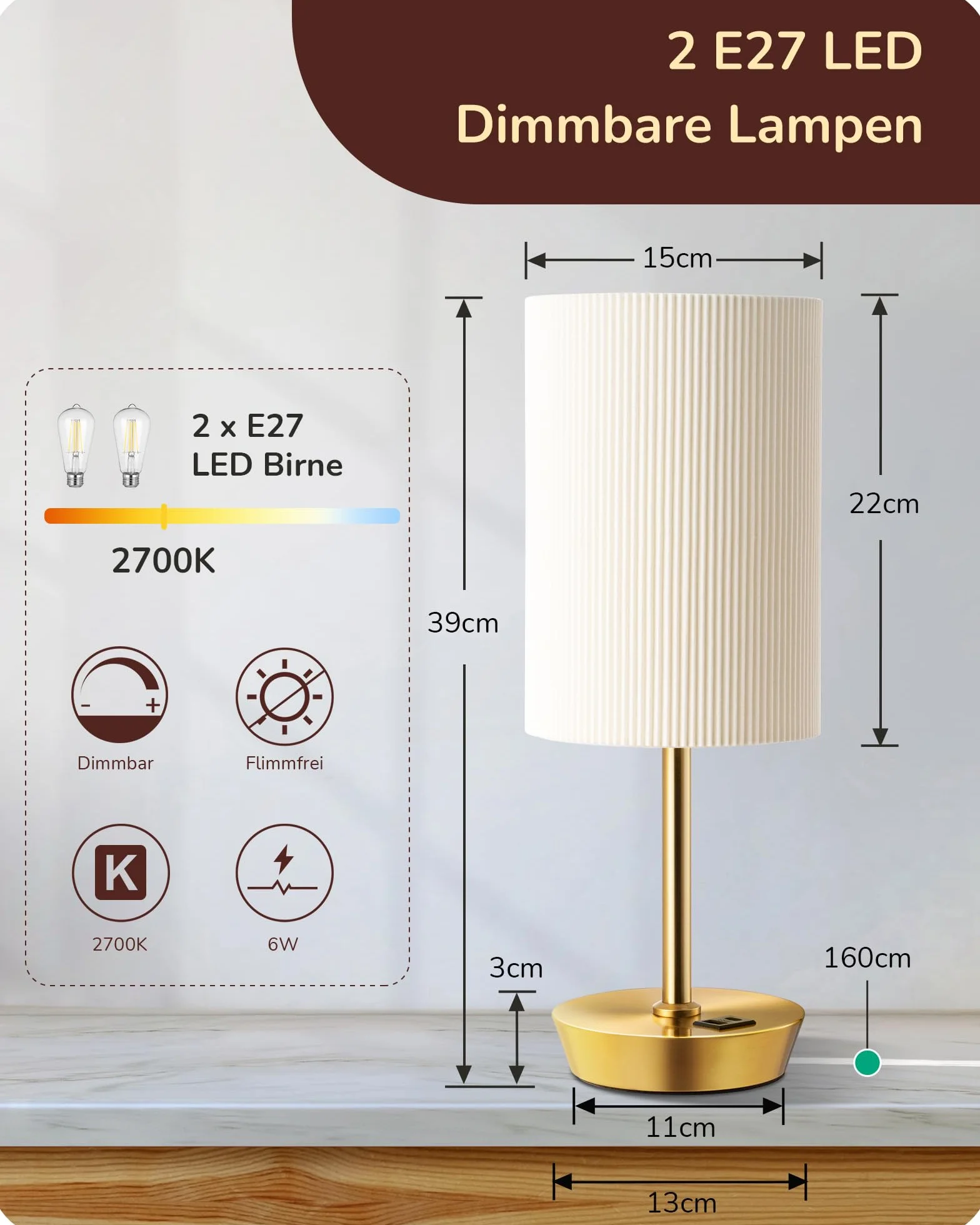 EDISHINE Lampka nocna LED, dotykowa, ściemniana, zestaw 2 szt., nowoczesna, mała lampka, z funkcją ładowania, 2 porty USB, z kablem, do sypialni, salonu, na parapet, prezent, złota | Funkcja ładowania, 5 V / 2,1 A, LED 2700 K w zestawie do sypialni, salon