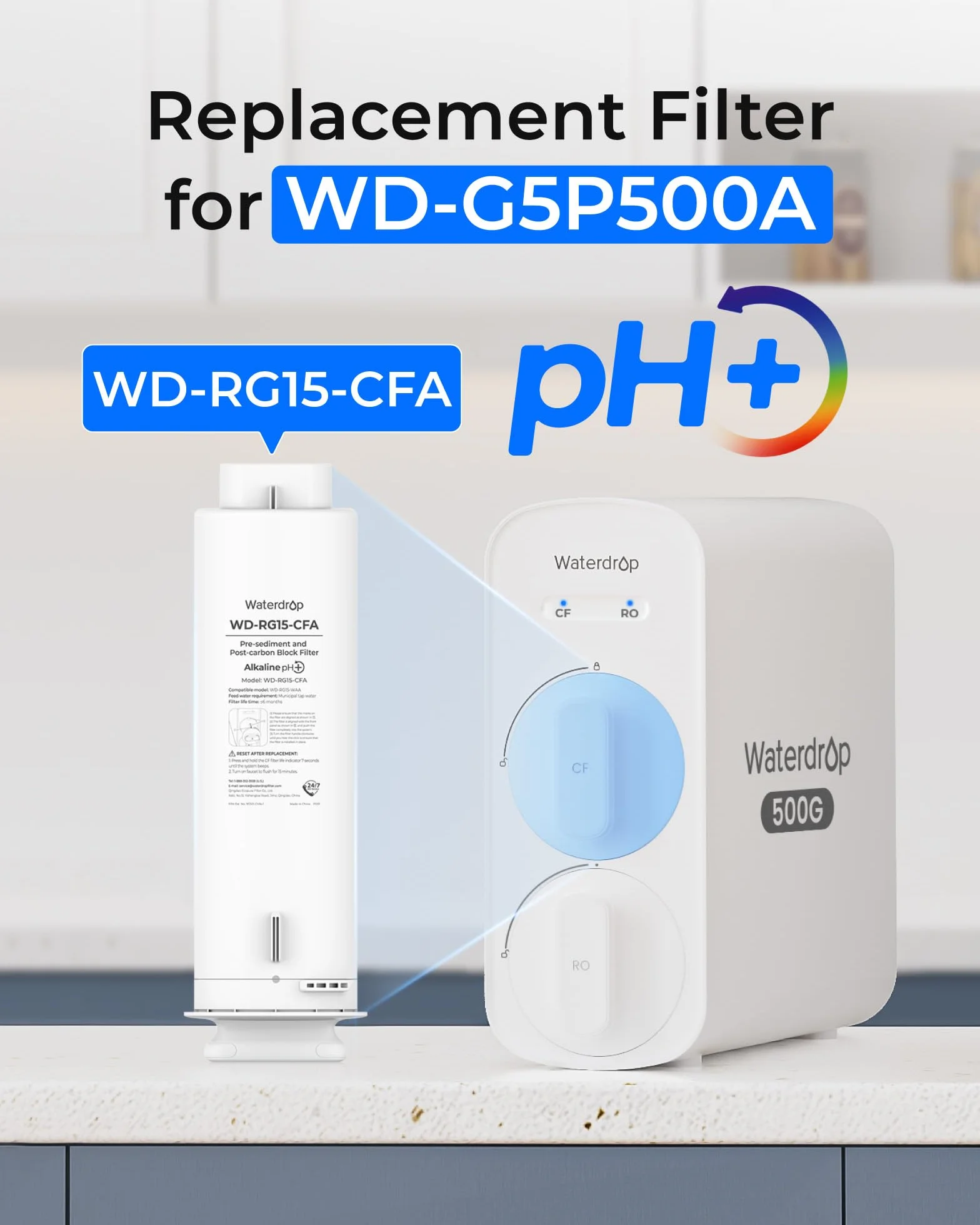 Filtr Waterdrop WD-G5P500A-CF, zamiana dla systemu odwróconej osmozy podzlewowego WD-G5P500A, 6-miesięczna żywotność