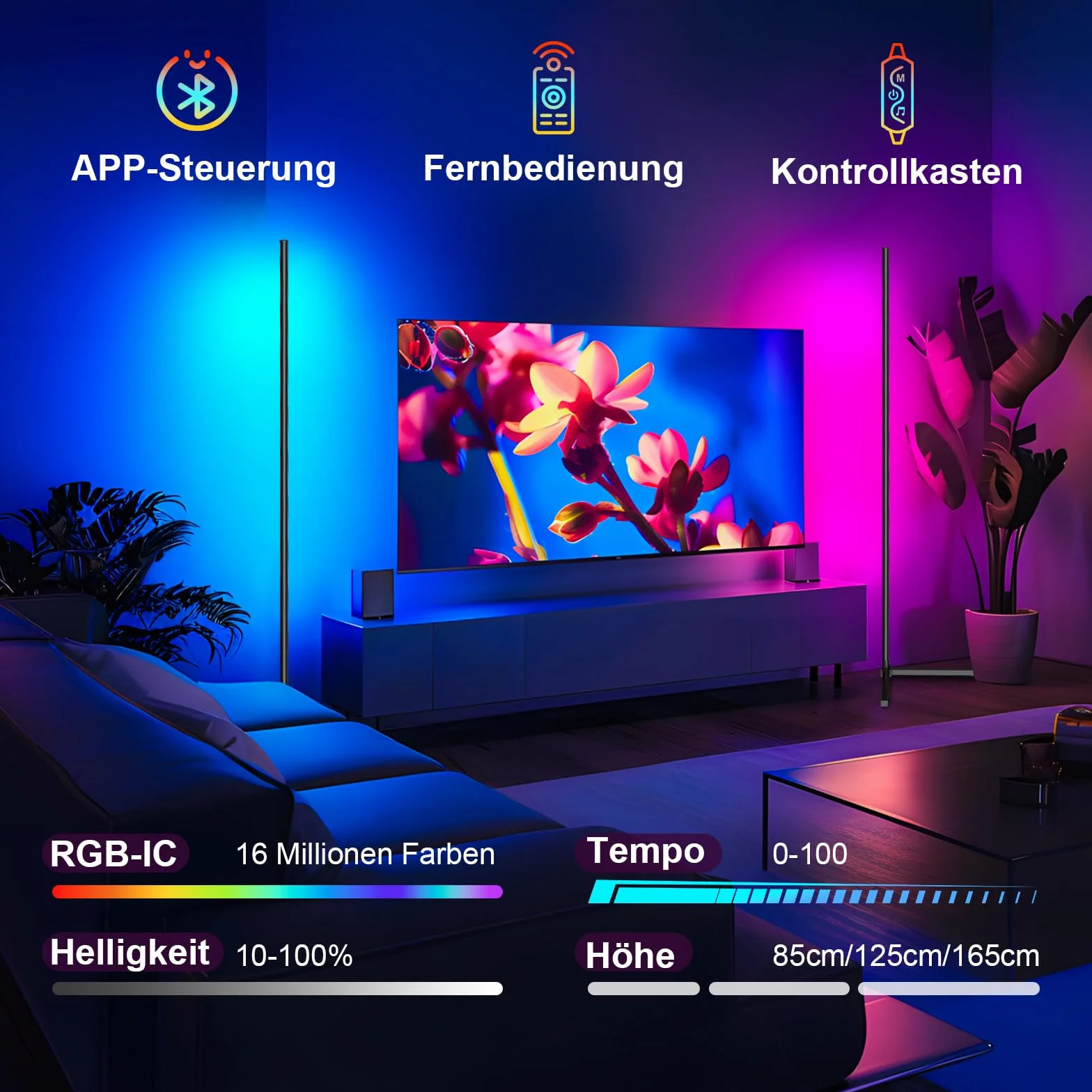 TRUMPETS Lampa stojąca LED do salonu, 165 cm, lampa narożna RGB, ściemniana, z pilotem zdalnego sterowania i aplikacją, 16 milionów kolorów, tryby muzyki, tryb DIY i funkcja timera do sypialni 2025